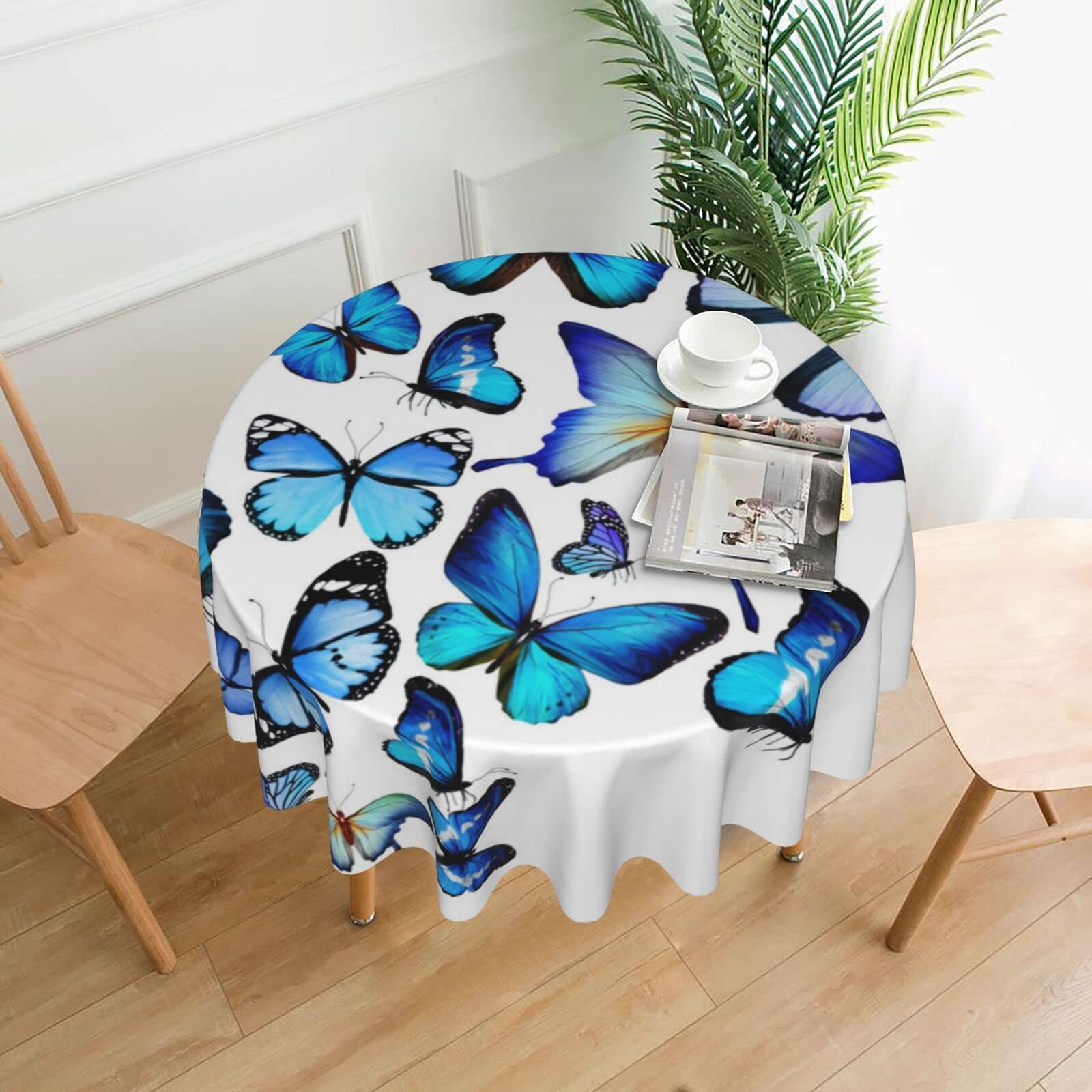 Aabstbfm Blue Butterfly Round Tablecloth 60 Inch - Printed Reusable Table Cloth Waterproof Wrinkle Free Table Decoration Table Cover 152X152 Cm
