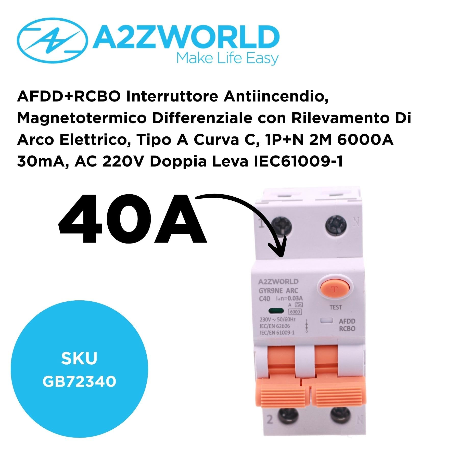 AFDD+RCBO Przełącznik przeciwpożarowy, różnicowy wyłącznik magnetyczny z wykrywaniem łuku elektrycznego, typ A 40A C40, krzywa C 6 kA 30mA 1P +N, ochrona przed pożarem elektrycznym