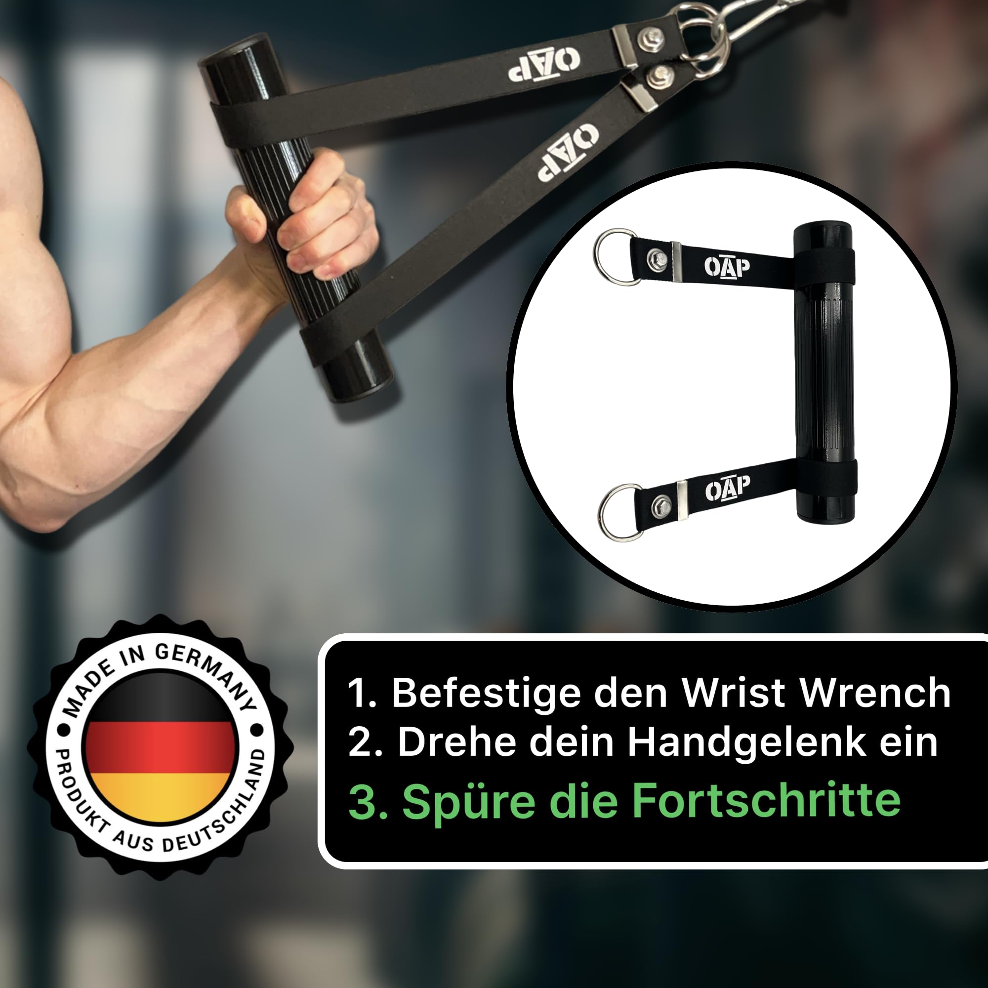 OAP Armwrestling Wrist Wrench, Premium Hand & Unterarmtrainer für Krafttraining, 100% Made in Germany, Befestigung an Kabelzug, Widerstandsband und Loading Pin, stärke Deine Handgelenke