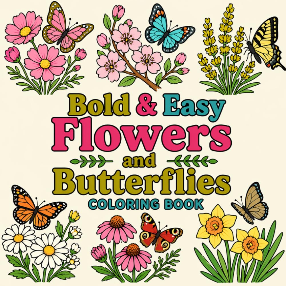 Bold & Easy Flowers and Butterflies Coloring Book: 40 Big and Simple Designs for Adults, Kids, and Seniors