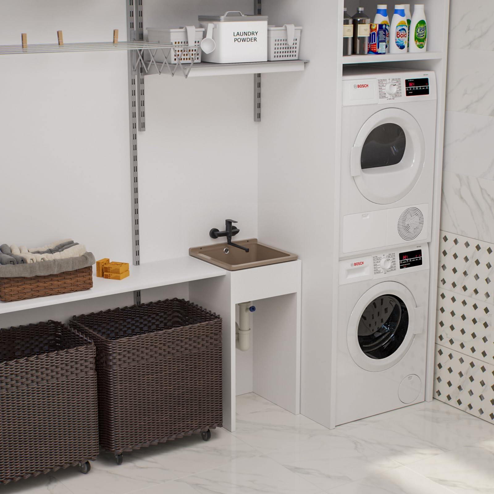 QLS Lavandino Esterno Giardino Garage Cantina Lavanderia Officina (Beige) 40 x 38 cm in Plastica, Installabile a Parete, Ideale per Interni ed Esterni