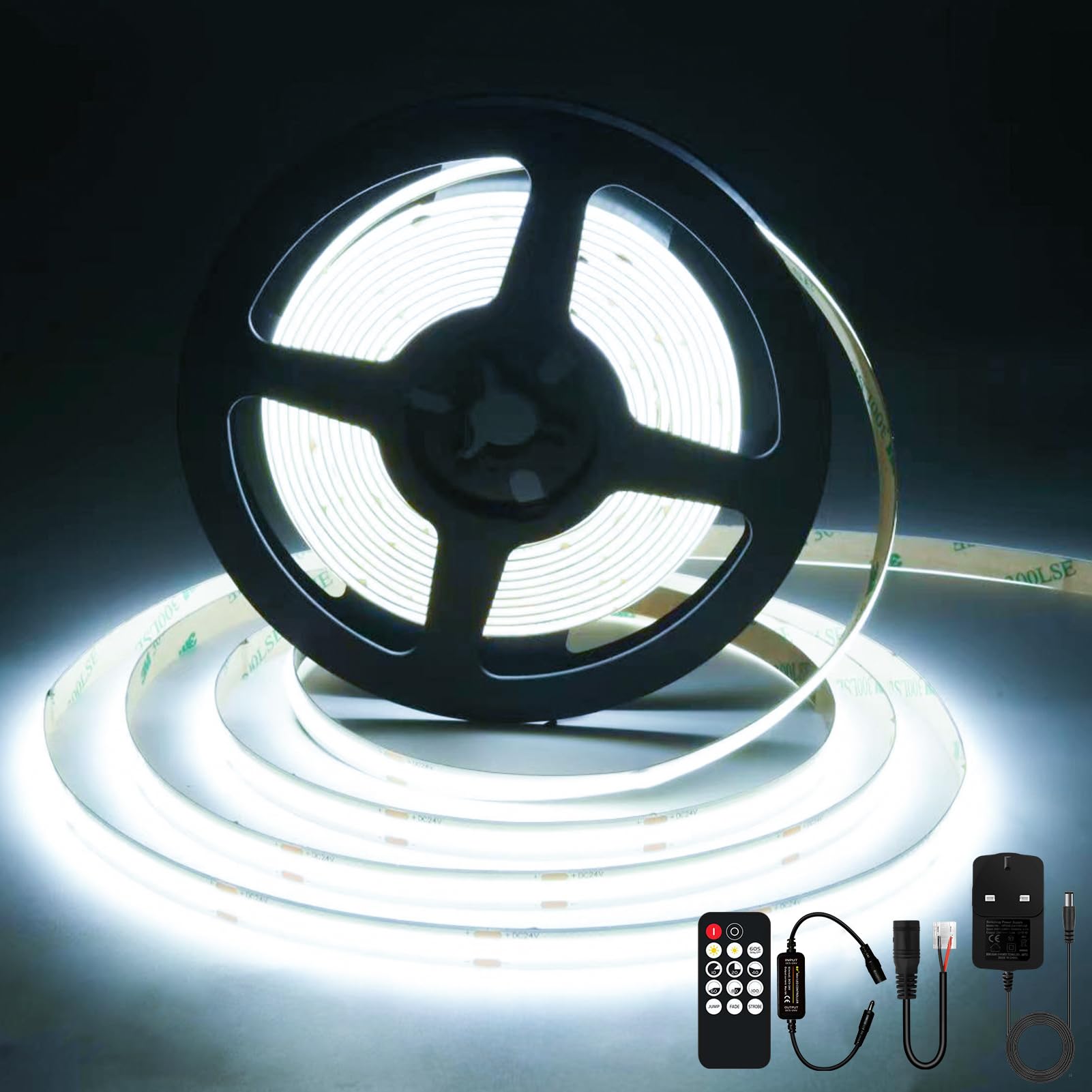 COB LED Strip Lights 5M, Daylight White 6000K Dimmable LED Strip Kit,2400 LEDs,8mm Width,Super Bright DC24V Tape Lights,CRI90+with RF Remote and Power Supply for DIY Home Decoration