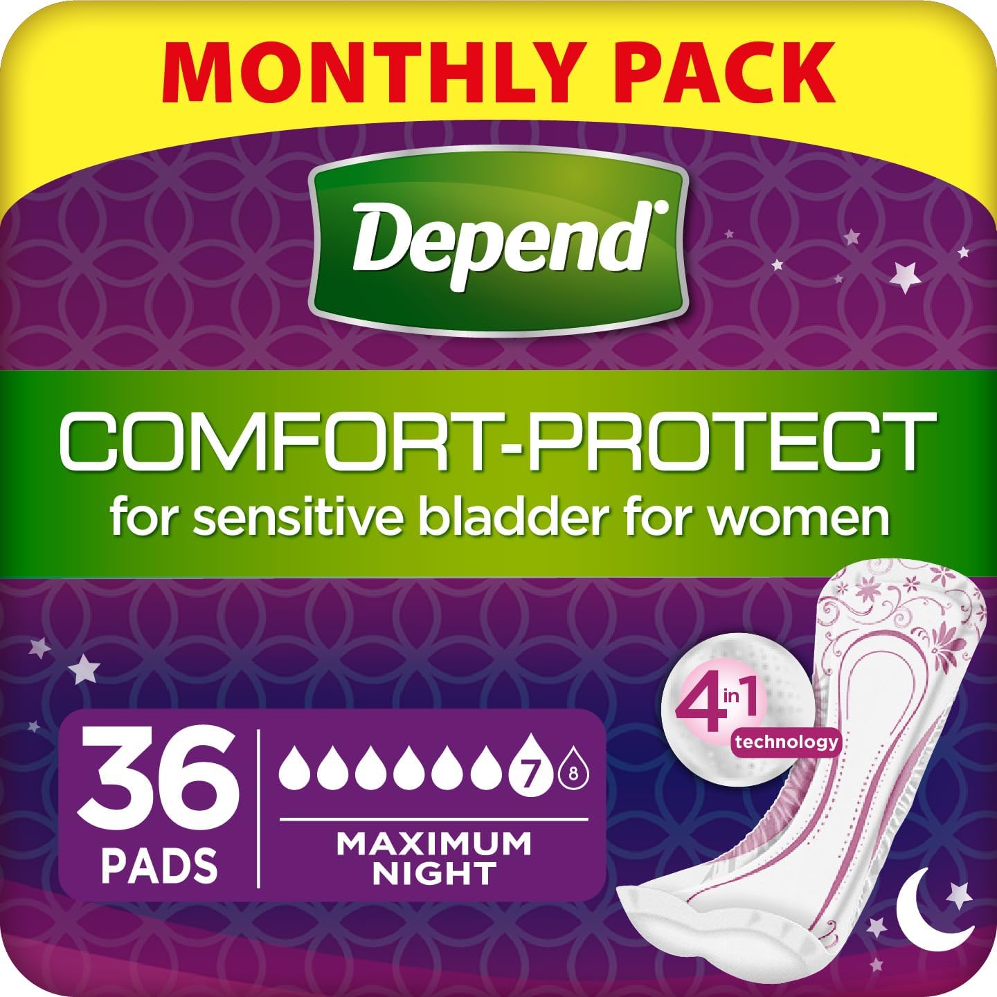 Depend Maximum Overnight, Incontinence Pads for Women - 36 Pads