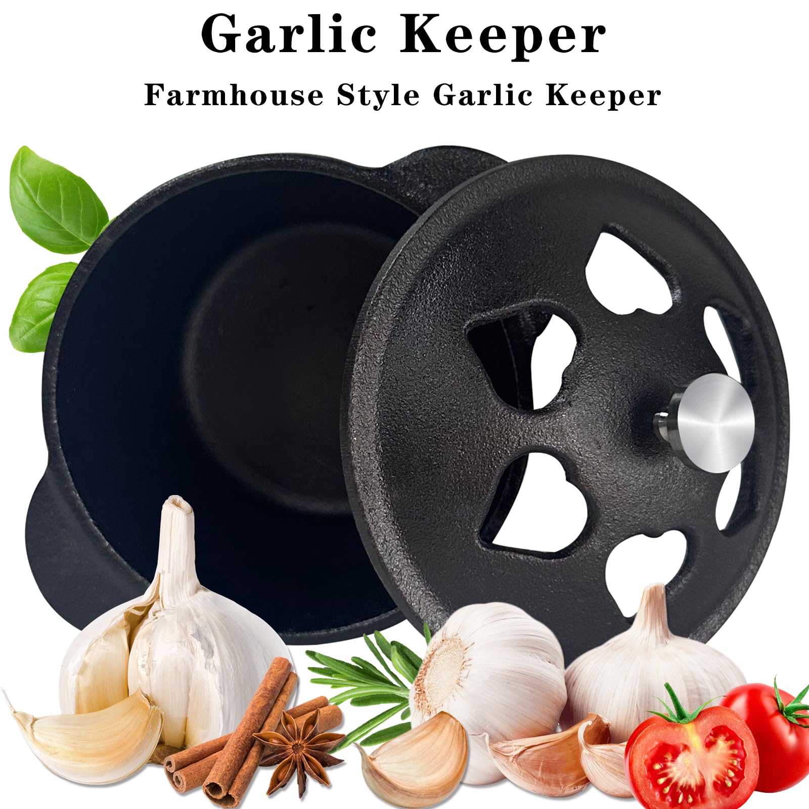 Asador ahumador de hierro fundido y asador de ajo, horno holandés pre-sazonado, asador de ajo de hierbas gourmet para horno de parrilla, caldero de hierro fundido de triple luna con tapa, caja 9