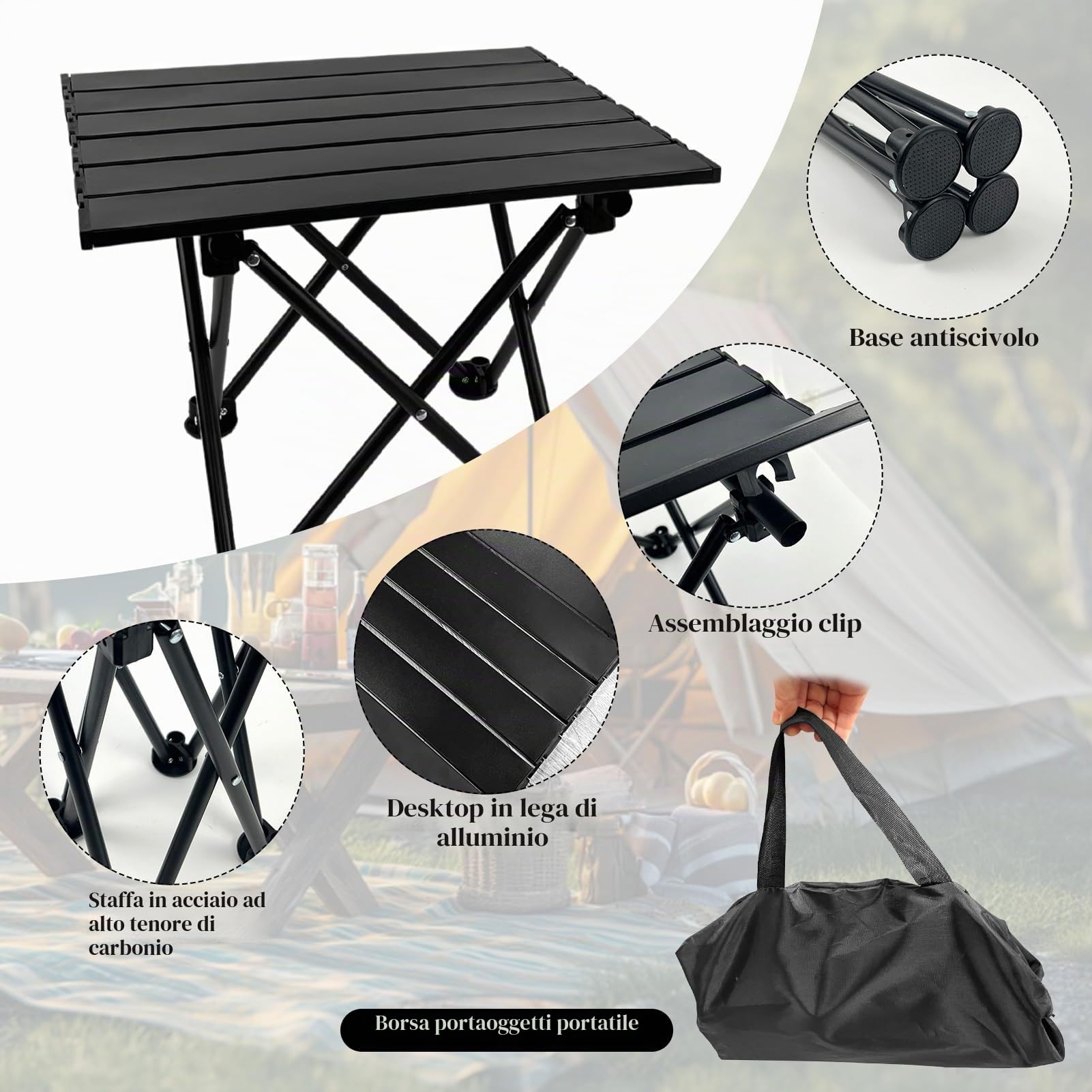WensdrTavolo pieghevole con sedie, picnic leggero e 2sedia per spiaggia, escursioni, viaggi, pesca, barbecue, esterno con tasche portaoggetti