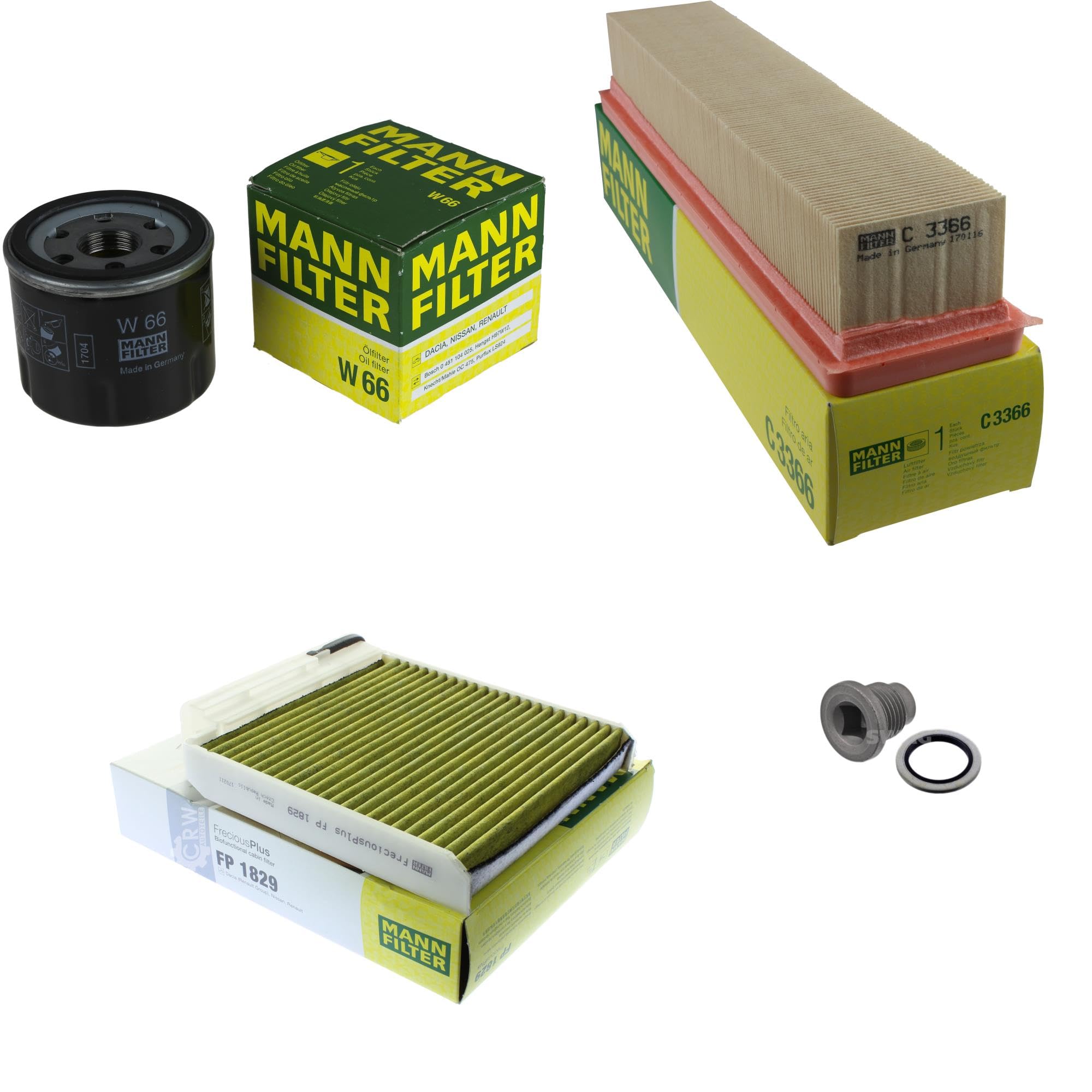 Paquete de inspección Kit de mantenimiento de filtros con filtro de aceite W 66, filtro de aire C 3366, filtro de cabina FP 1829, tornillo de cierre