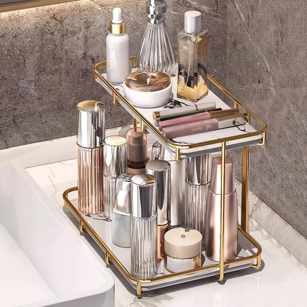 Mensole da bagno Organizer da bagno a 2 livelli, organizer for profumi e trucchi di lusso, vassoio for lavabo in ceramica di marmo con struttura in acciaio inossidabile dorato Organizzatore per la doc