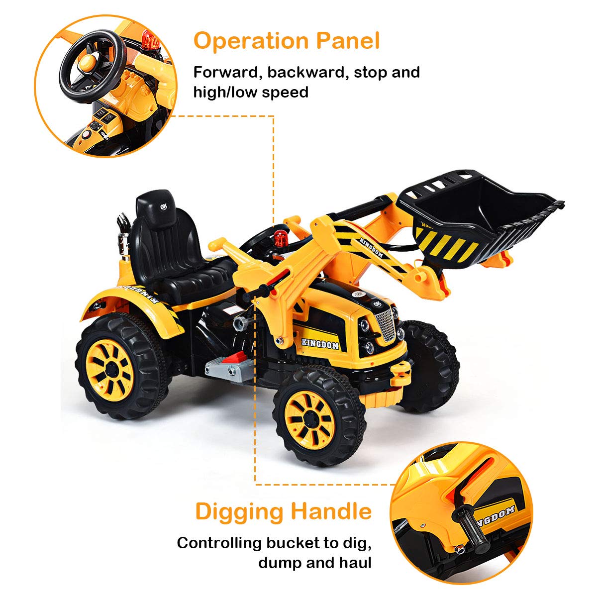 Costzon Ride on Excavator, 12V Battery Powered Construction Vehicles for Kids with Front Loader, Horn, Safety Belt, Treaded Wheels, Ride on Bulldozer Truck, Excavator Ride on Toy Gift for Boys Girls