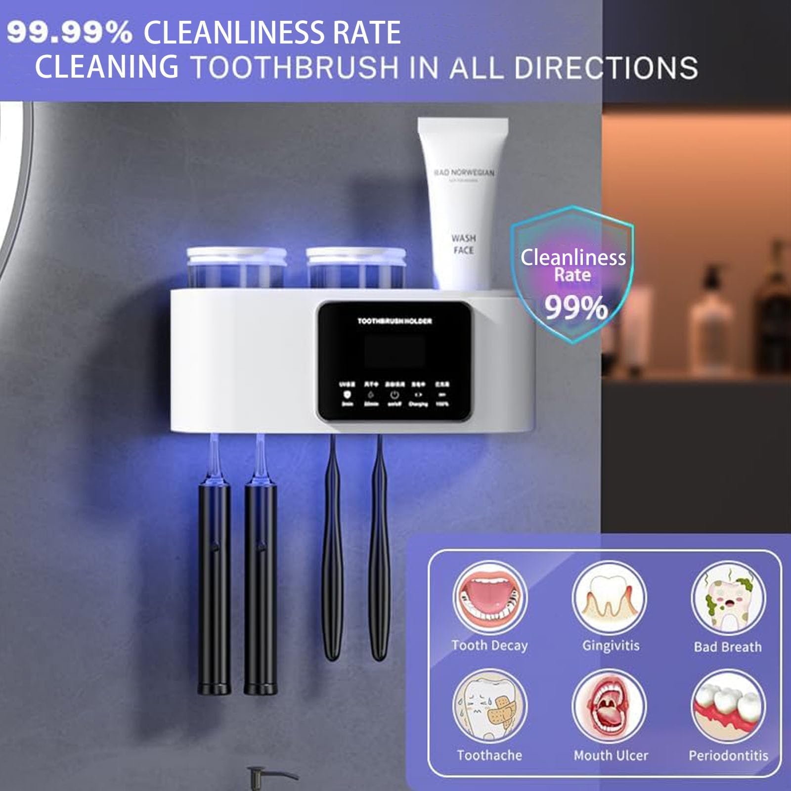 Soporte inteligente para cepillos de dientes para baños, soportes para cepillos de dientes eléctricos con carga solar, soporte para cepillo de dientes montado en la pared con 2 tazas y 4 ranuras para