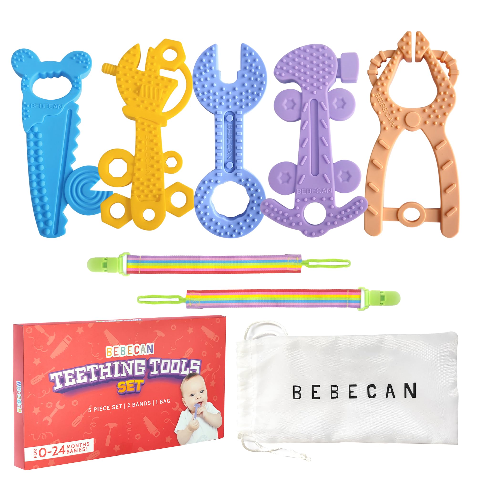 BEBECAN Teething Tools Teether for Baby - 5 Premium Food-Grade Silicone Baby Boy Teething Toys, 2 Straps for Safety and Travel Bag Tool Toys Provide Soothing Relief and Healthy Development.