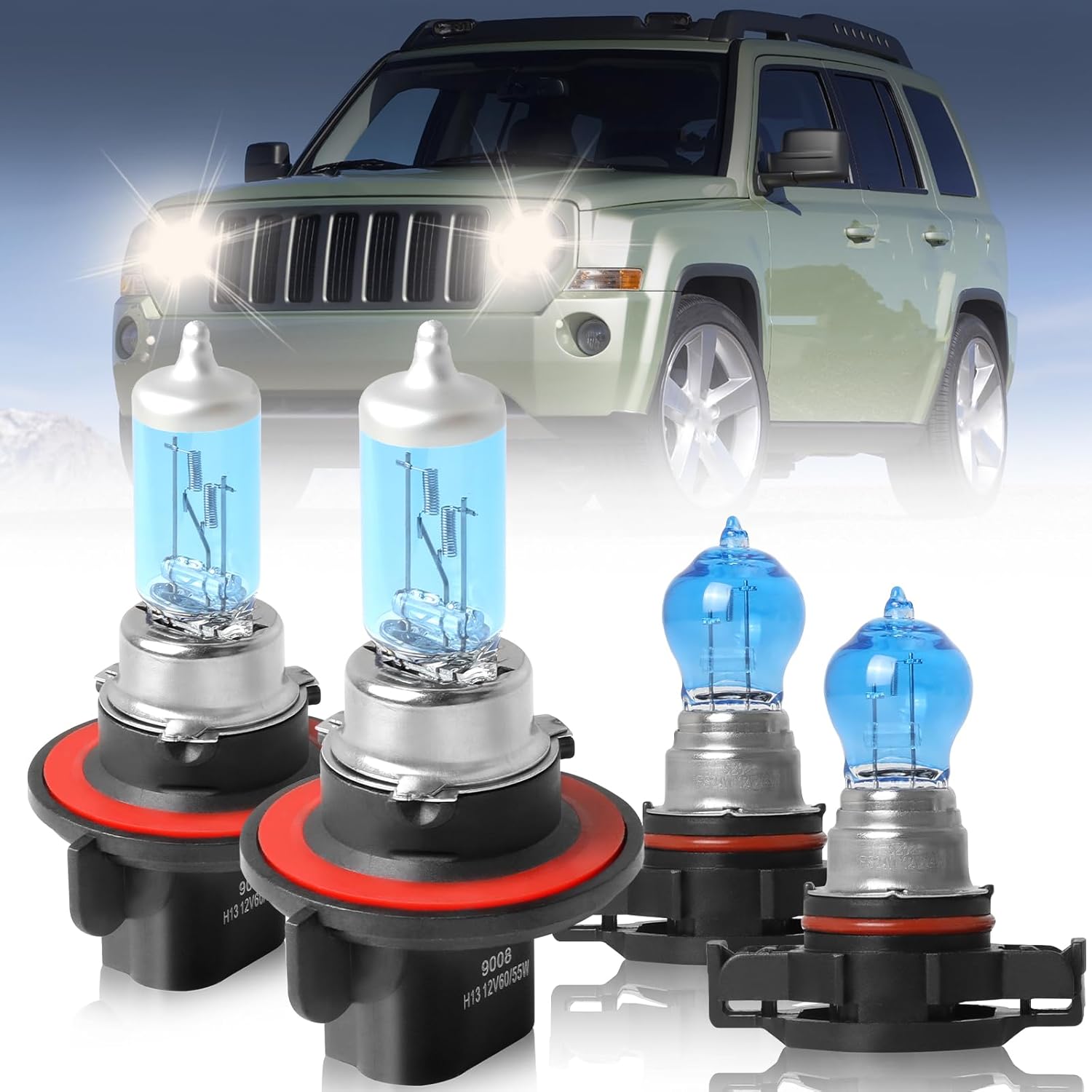 Fit For Jeep Patriot 2010 2011 2012 2013 2014 2015 2016 2017 High Performance Halogen Headlight Bulbs 9008/H13 High/Low Beam + 5202 Fog Light Car Replacement Bulb Combo, Plug and Play, 4 PCS