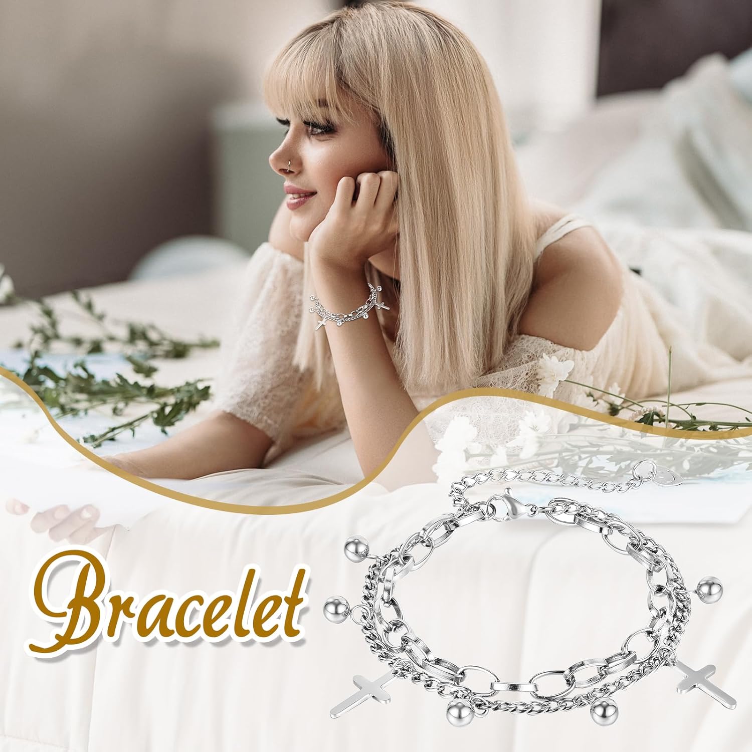 Saint Benedict Cross Bracelet for Women, Silver Stainless Steel Adjustable Layered Link Paperclip Bracelets Jewelry Gifts - Image 4