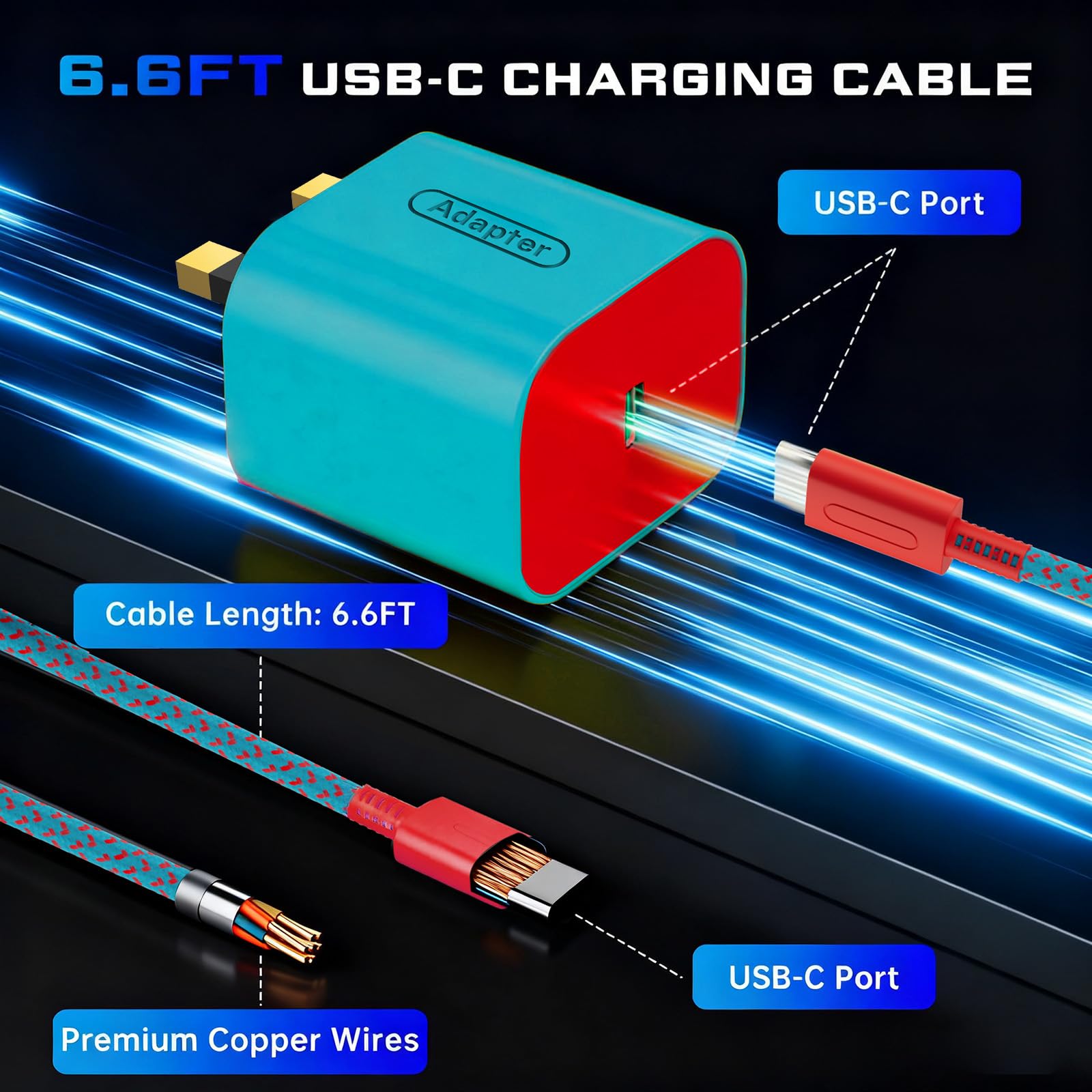 TPC Charger for Nintendo Switch 2, 60W Fast Charging for Switch, AC Adapter Fast Charging with 6.6FT Braided USB-C Cord, Compatible with Switch 1, Lite, OLED, Steam Deck, Support 4K TV Mode Cyan — view 3
