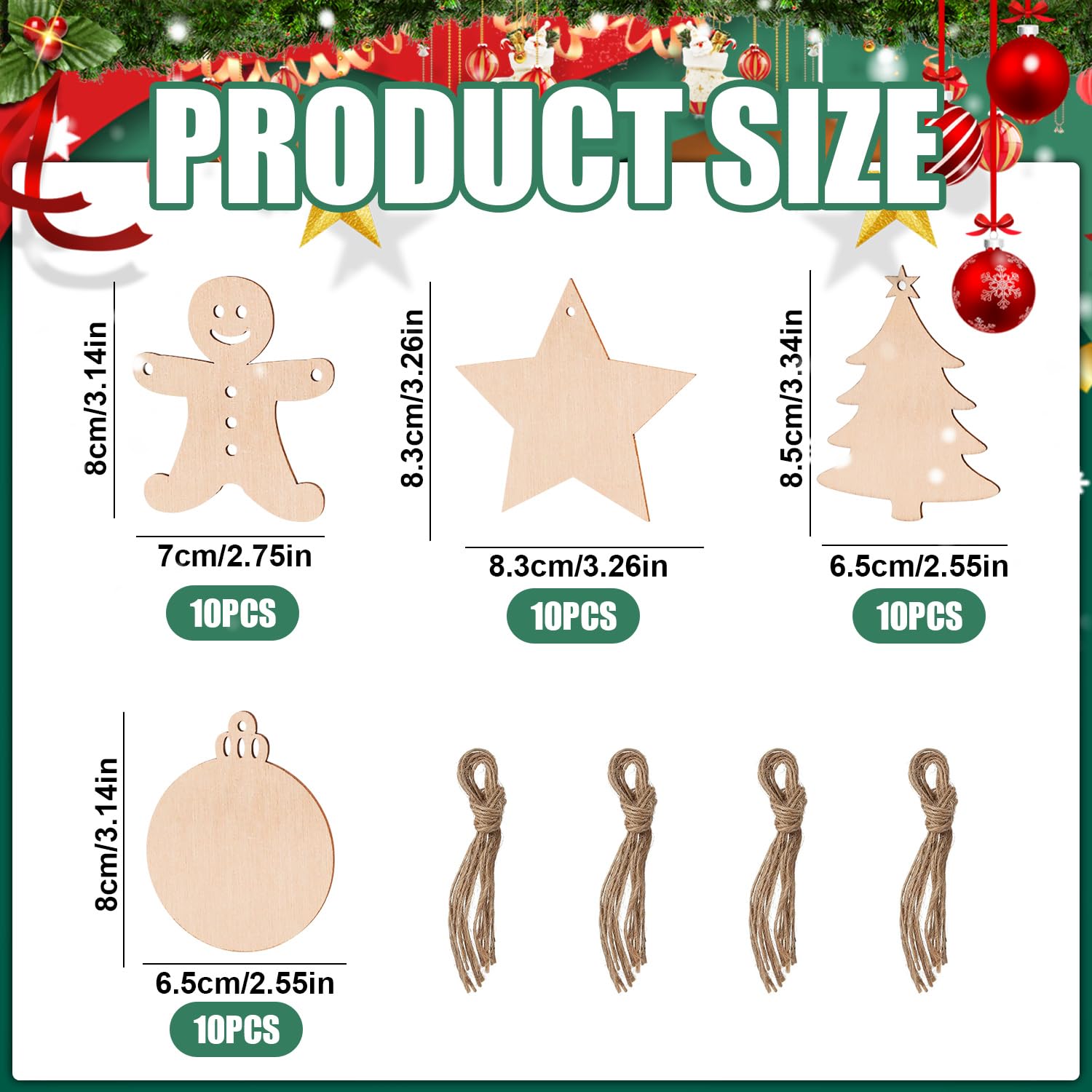 RNHDLY 40 Pcs Wooden Christmas Decorations - DIY Wooden Christmas Shapes with Holes and String for Tree Decoration - Image 2
