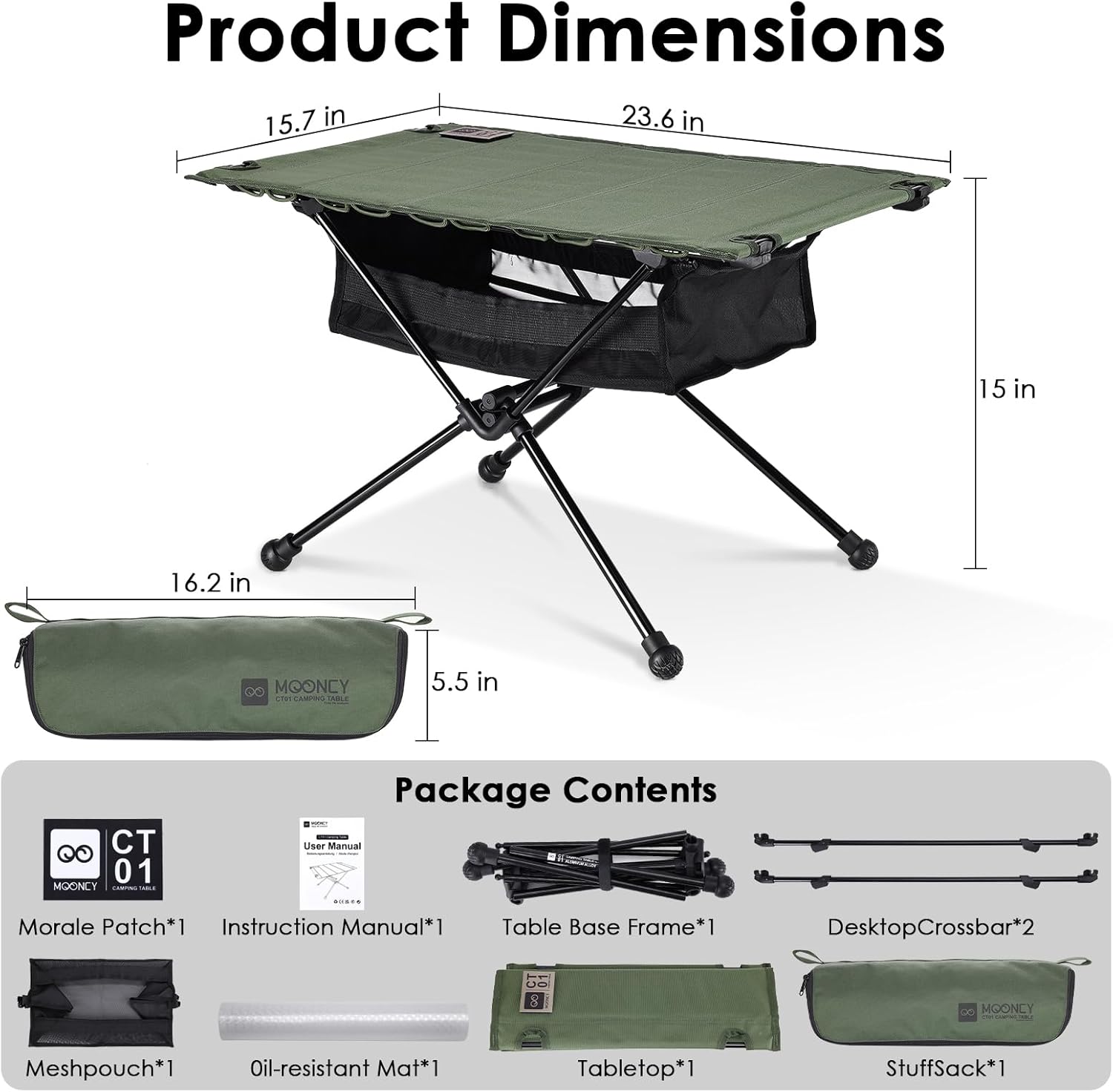 MOONCY Portable Camping Table, Ultralight Beach Table with Oil-Proof Mat and Mesh Storage Bag, Aluminum Alloy Folding Table for Hiking, Tailgating, Backpacking, Fishing, Beach & Picnic, Green