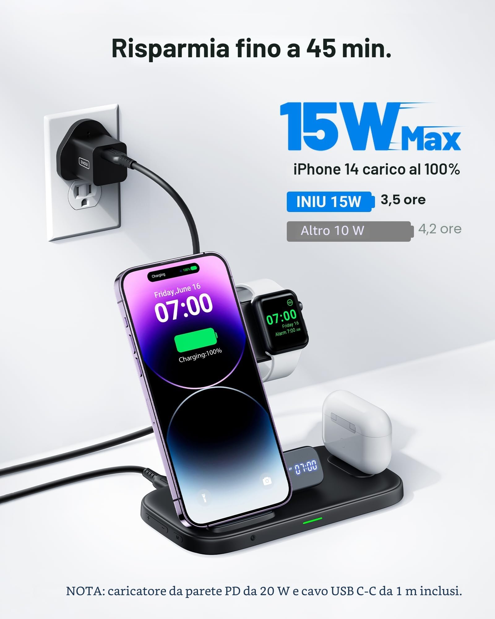 INIU Stazione di Ricarica Apple, 15W Qi Caricatore Wireless 3 in 1 per iPhone, Apple Watch e AirPods, Dock Station Apple con Cavo e Adattatore Inclusi