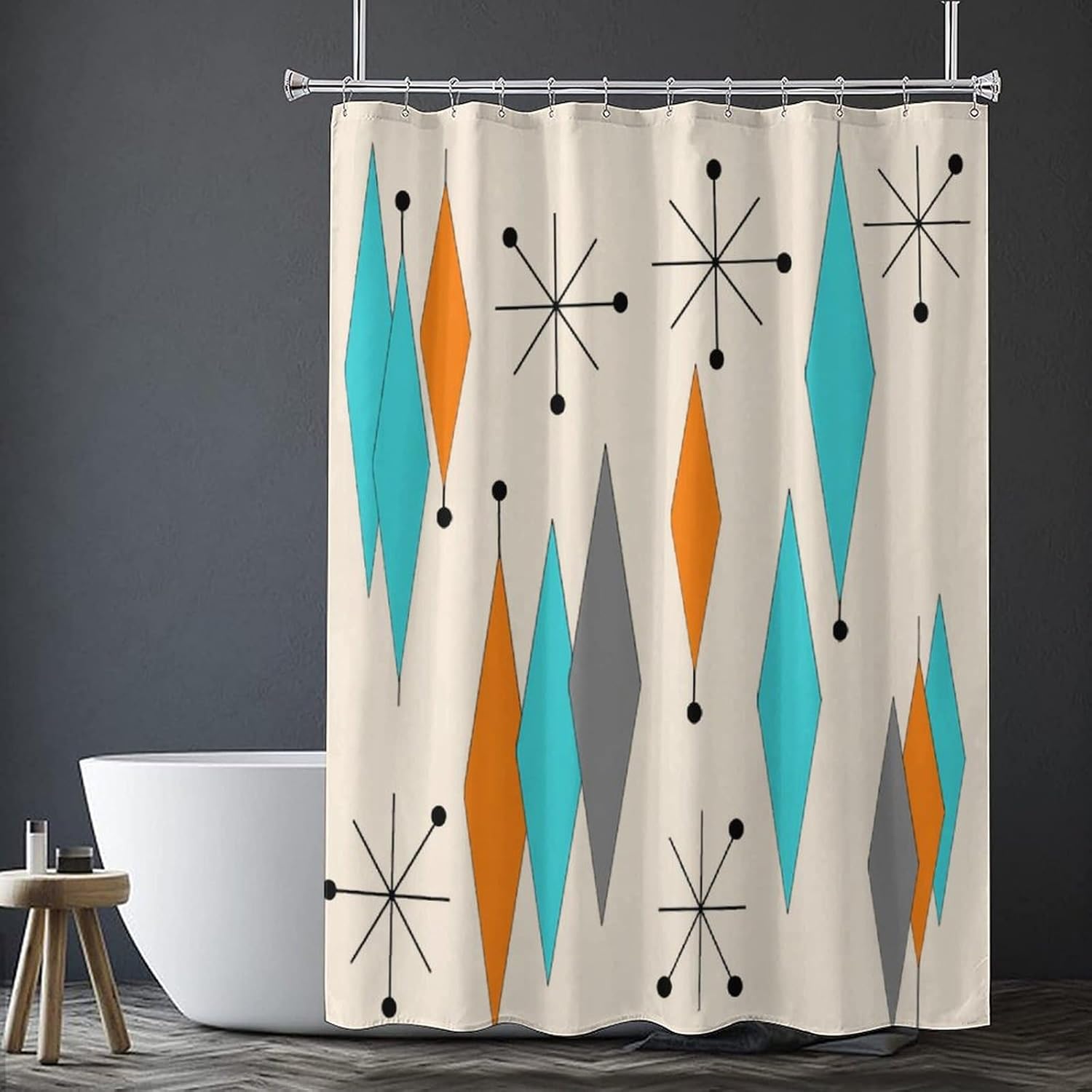 Mid Century Shower Curtain, Mid Century Modern Geometric Atomic Shapes Retro Boho Turquoise Orange Diamond Bath Accessories Art Home Decor Fabric 66x72Inch(168x183cm)