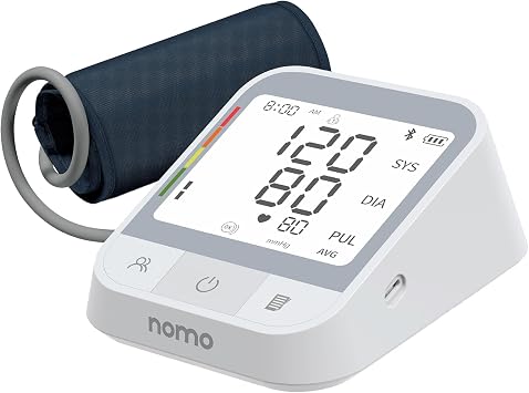 سوار قياس ضغط الدم Nomo Smart Care للذراع العلوي مع مزامنة تطبيق Bluetooth، واكتشاف ضربات القلب غير المنتظمة، ومؤشر مخاطر منظمة الصحة العالمية، وملفات تعريف مستخدم مزدوجة، وشاشة كبيرة، وبطاريات متضمنة