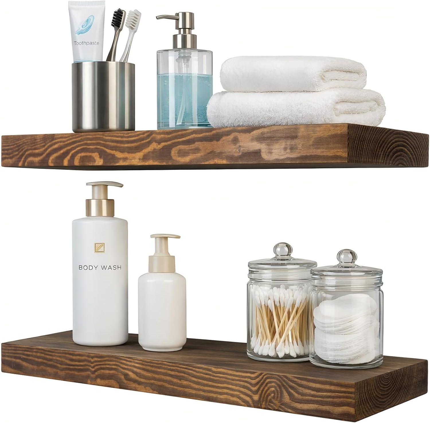 Floating Shelves 2 inch Thick for Wall Set of 2,24 inch High-End Solid Wood Floating Shelves,Rustic Walnut Wall Shelves for Bathroom Bedroom Kitchen, with Sturdy Hidden Bracket,Walnut Finish