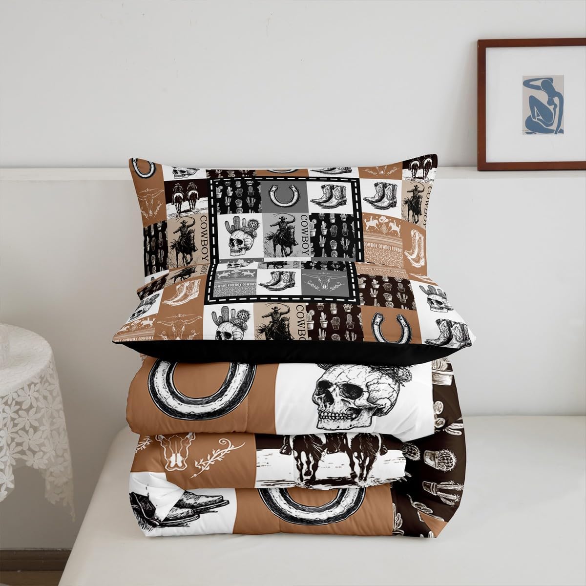 Erosebridal Western Cowboy Queen Comforter Set, Skull Horse Bedding Set, Boho Southwestern Country Hunting Wild Animal Quilt, Horseshoe Cabin Retro Rustic Lodge Plaid Check Adventure Comforter