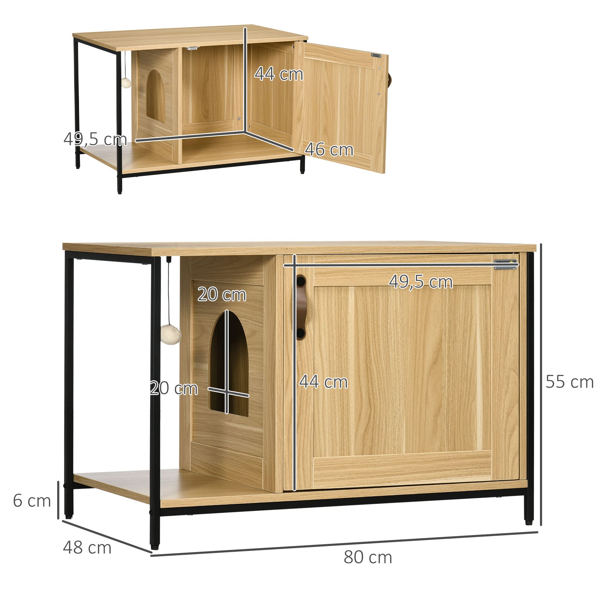 PawHut Maison de Toilette pour Chat Meuble Cache litière pour Chat Style Industriel Porte entrée latérale Boule Suspendue châssis Acier Aspect Bois Clair | Cache Litière, Porte Entrée Latérale, Boule Suspendue, Châssis Acier