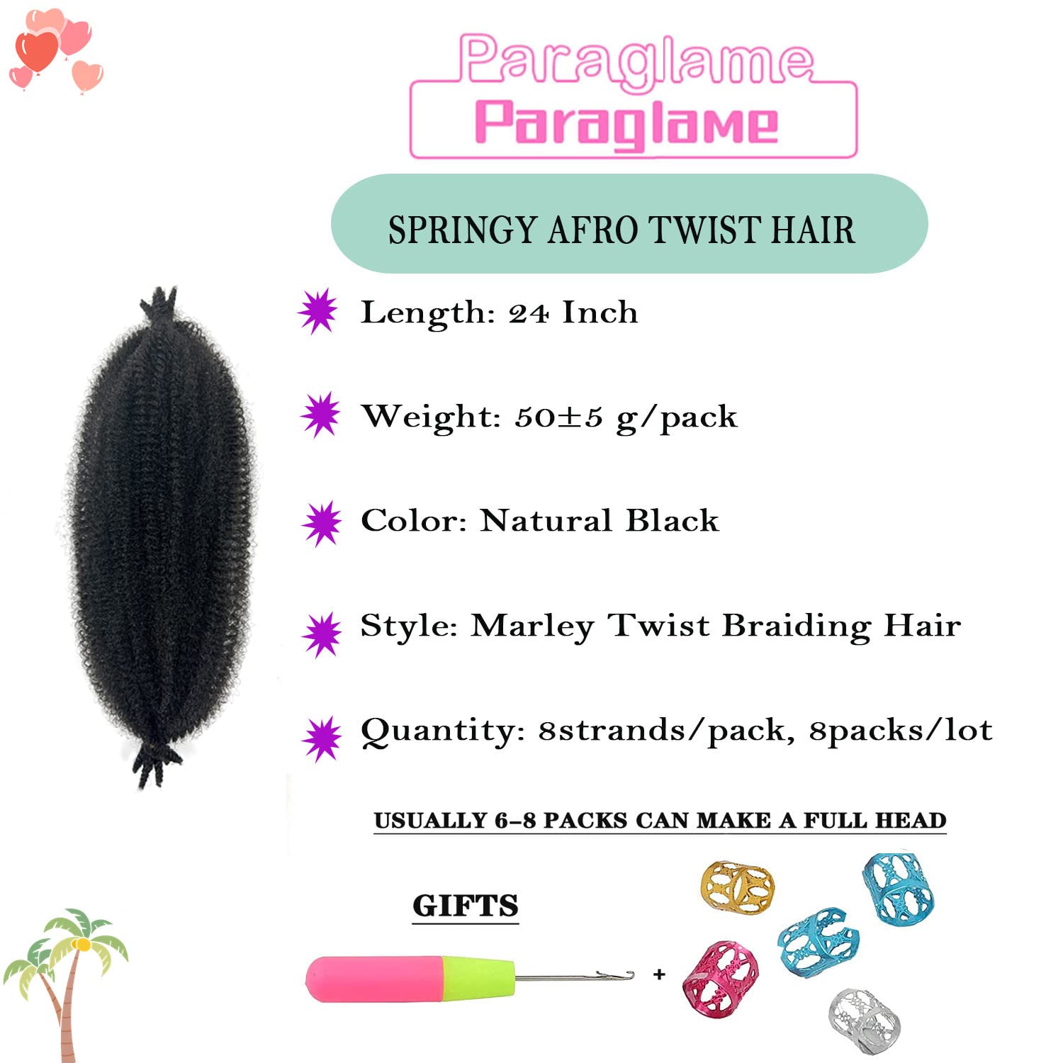 Marley Hair 24 Inch Springy Afro Twist Hair 8 Packs Afro Kinky Braiding Hair, Wrapping Hair for Soft Locs Synthetic Crochet Braids Hair Extension Natural Black for Black Women(24Inch,1B)