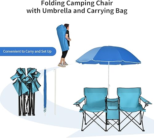 Miniatura 6 de ARLIME Sillas de playa plegables dobles con paraguas, sillas portátiles de picnic al aire libre con paraguas extraíble y mini bolsa de transporte de