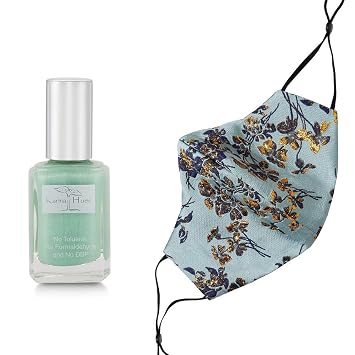 Karma Naturals Nail Polish - Non-Toxic Vegan and Cruelty-Free Nail Paint with Matching Mask Breathable Washable Reusable Face Cover for Men & Women Aqua Gold Floral Mask