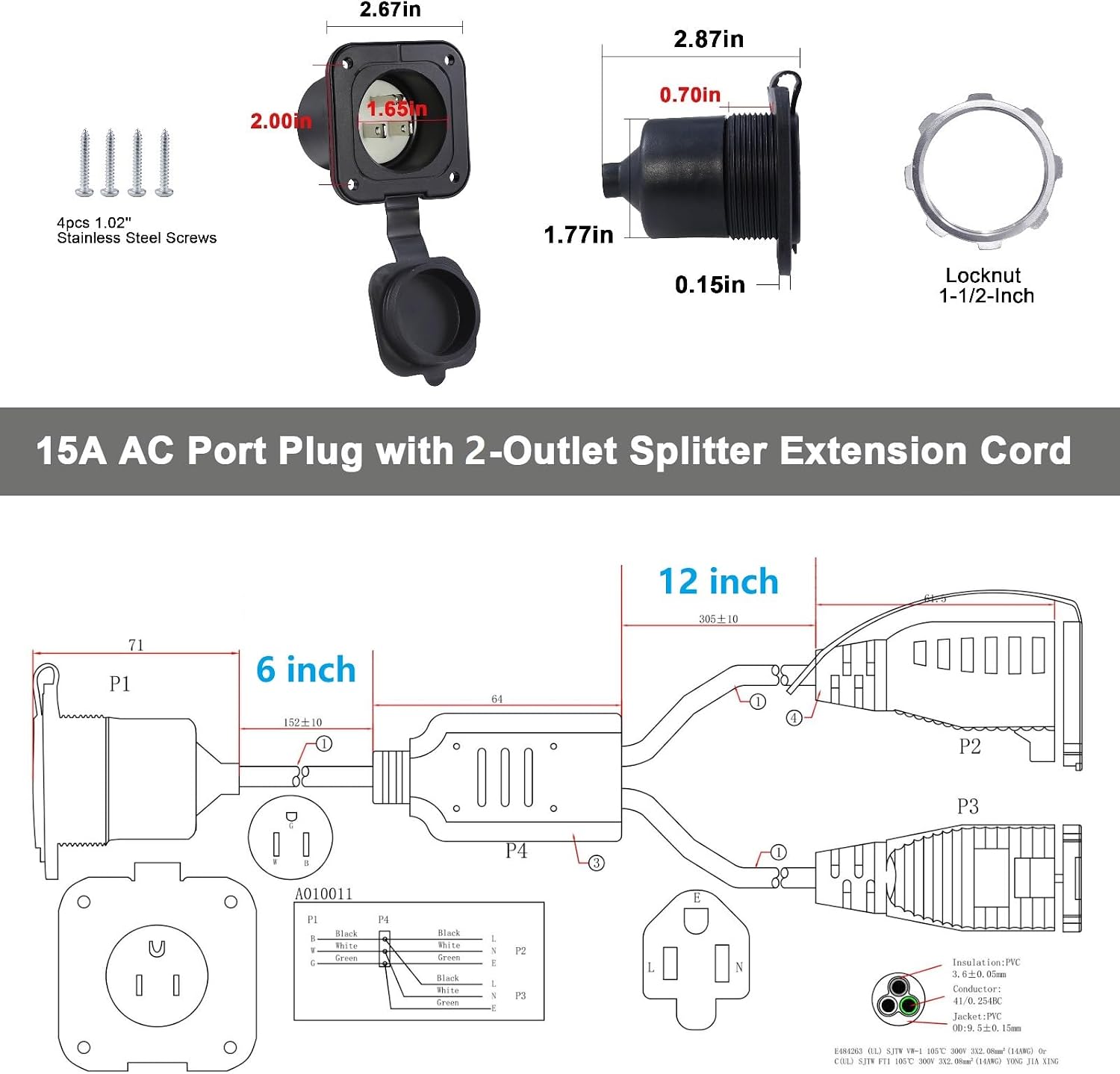 15A AC Port Plug - 125V Power Inlet Socket with Dual 18 Inch Extension Cord, NEMA 5-15 Plug Flanged Inlet with Waterproof Cover Outdoor Extension Cable, Shore Power Outlet for RV Boat Trailer