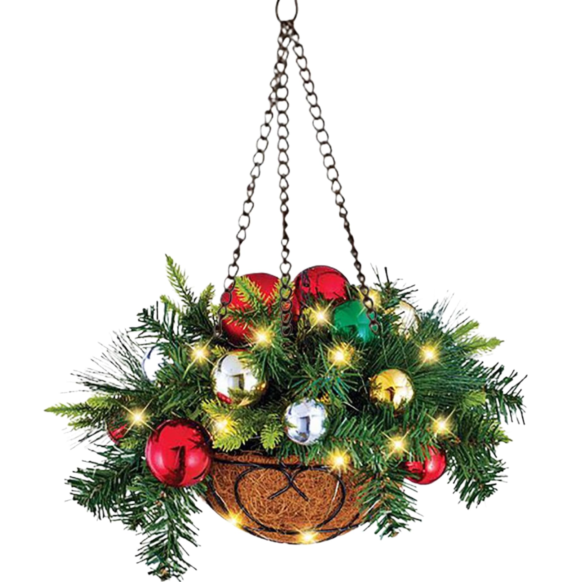 Panier de Noël pour porche et extérieur avec pin artificiel et boules festives suspendues