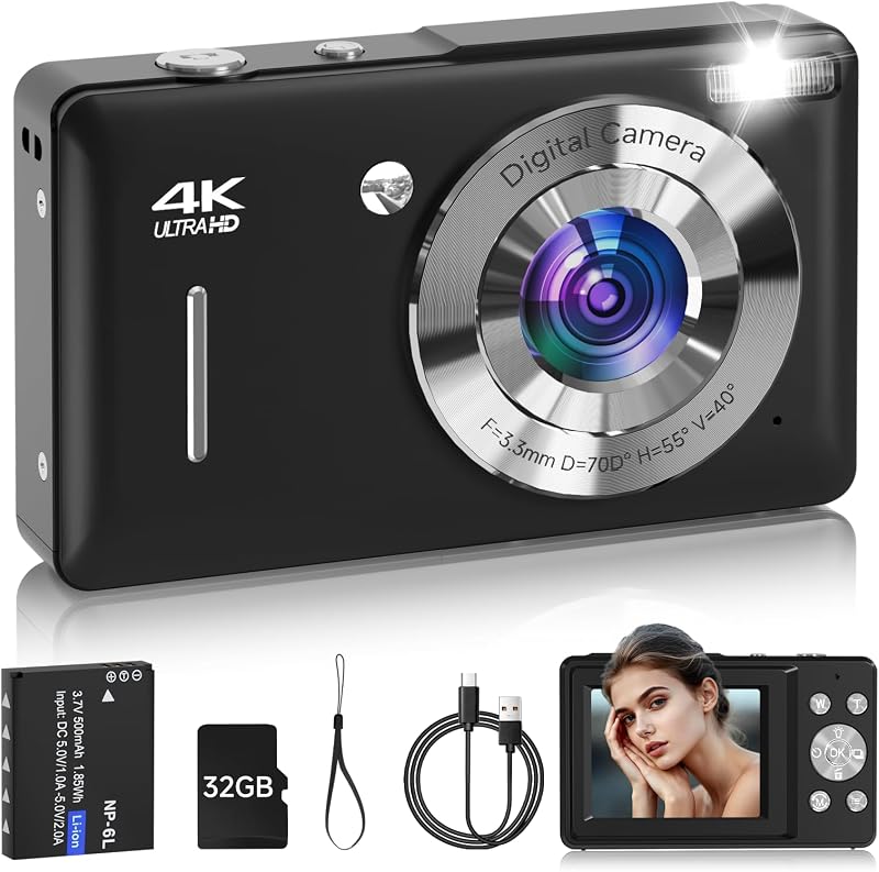 Digital Camera for Kids, FHD 1080P 44MP Point and Shoot Digital Camera with Face Detect, Smile Capture, 16X Zoom, 20 Filters, Anti Shake, 32GB SD Card Blcak Compact Vintage Camera for Kids Boys Girls