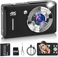 Câmera Digital FHD 1080p 44MP com Detecção de Rosto, Captura de Sorriso, Zoom 18x, 20 Filtros, Antivibração, Câmera Compacta Vintage Preta para Adolescentes e Meninas