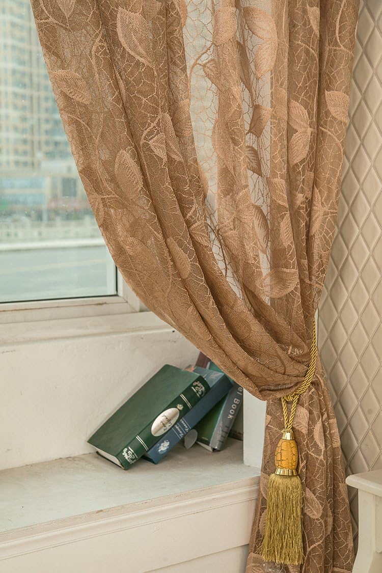 HooHero Gorgeous Sheer Curtains Rod Pocket Floral Pattern Jacquard Design Lace Semi Tulle Gauze for Living Dining Room Bedroom Kids Childern Room(1 Panel, W 52 x L 95 inch, Coffee)