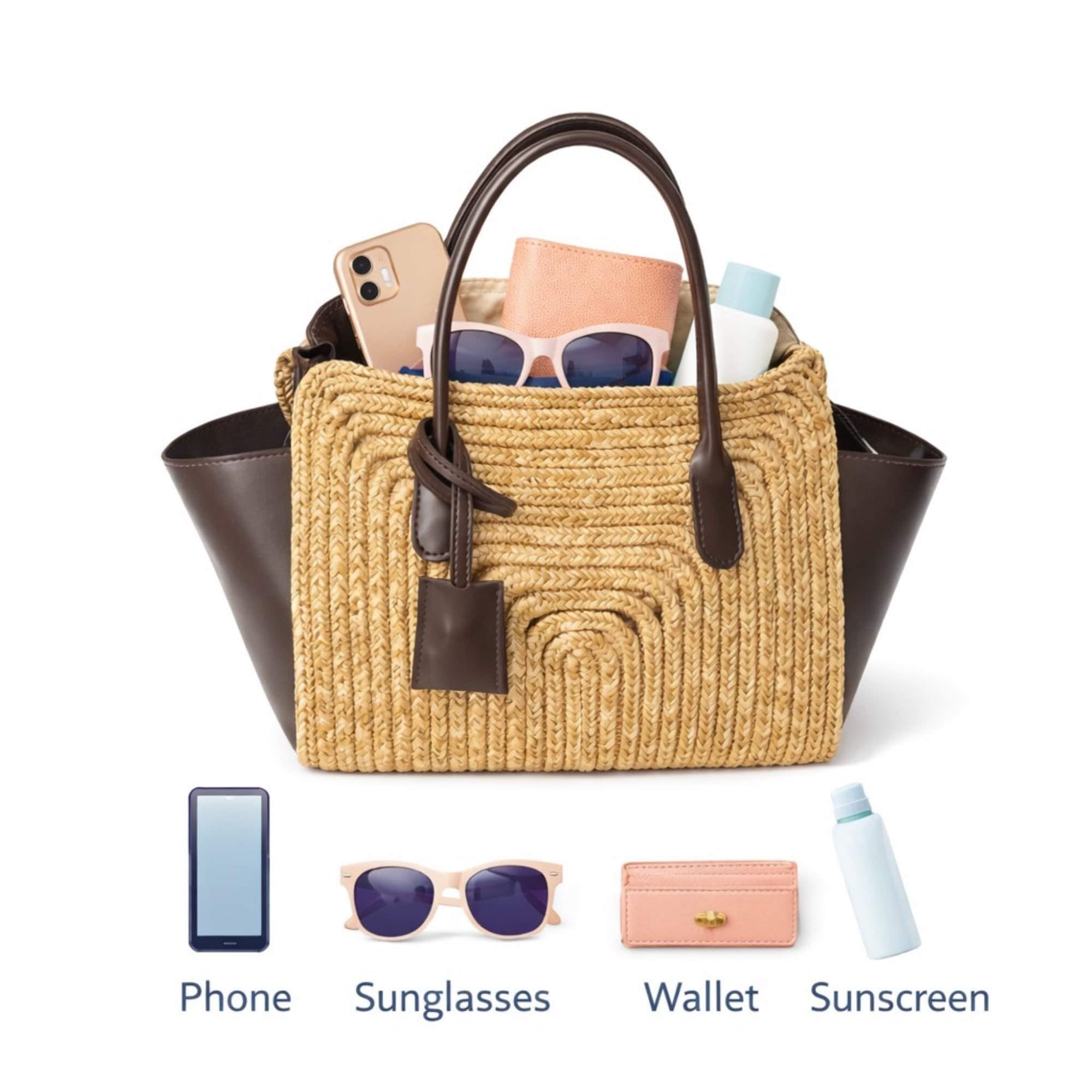 Amalfi Bolso de mano de rafia para mujer, bolso de verano trenzado con detalles de piel sintética, elegante bolsa de playa para verano y uso diario, bolso mediano 22 x 30 x 15 cm