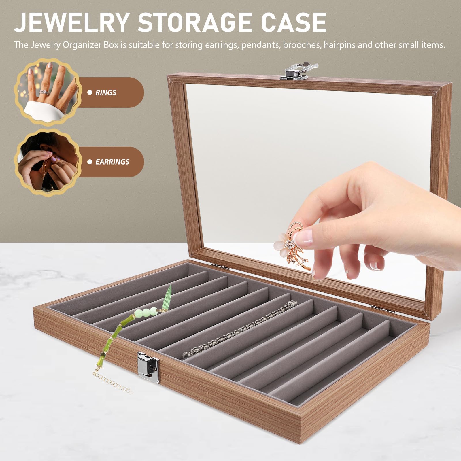 Caja Portátil de Joyas con Tapa Transparente y Diez Compartimentos
