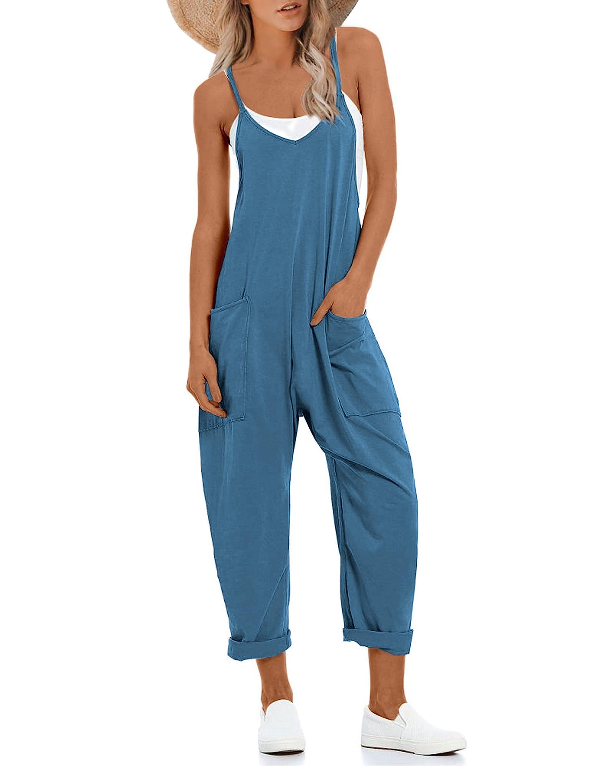 Lentta Women's Causal Jumpsuits V Neck Sleeveless Harem Overalls Stretchy Adjustable Strap Romper with Pockets
