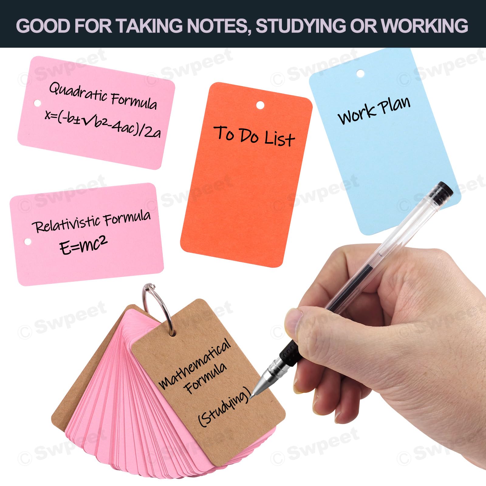 Swpeet 300 fogli schede colorate con anelli rilegatura 5,3 x 8,9 cm 6 colori flash card scuola apprendimento memoria