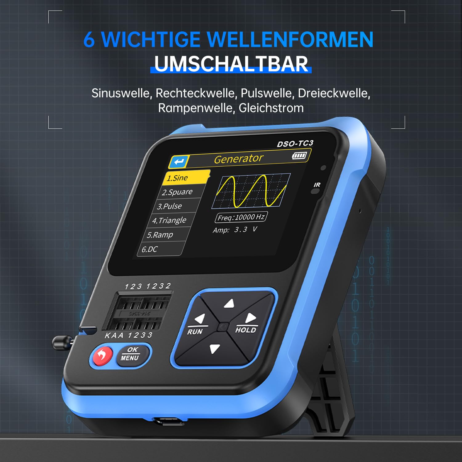 FNIRSI DSO-TC3 Oszilloskop – 3IN1 Handoszilloskop & DDS Signalgenerator & Transistortester, 500kHz Bandbreite, 10 MSa/s Abtastrate, 6 Arten von Wellenformen, Transistormessung