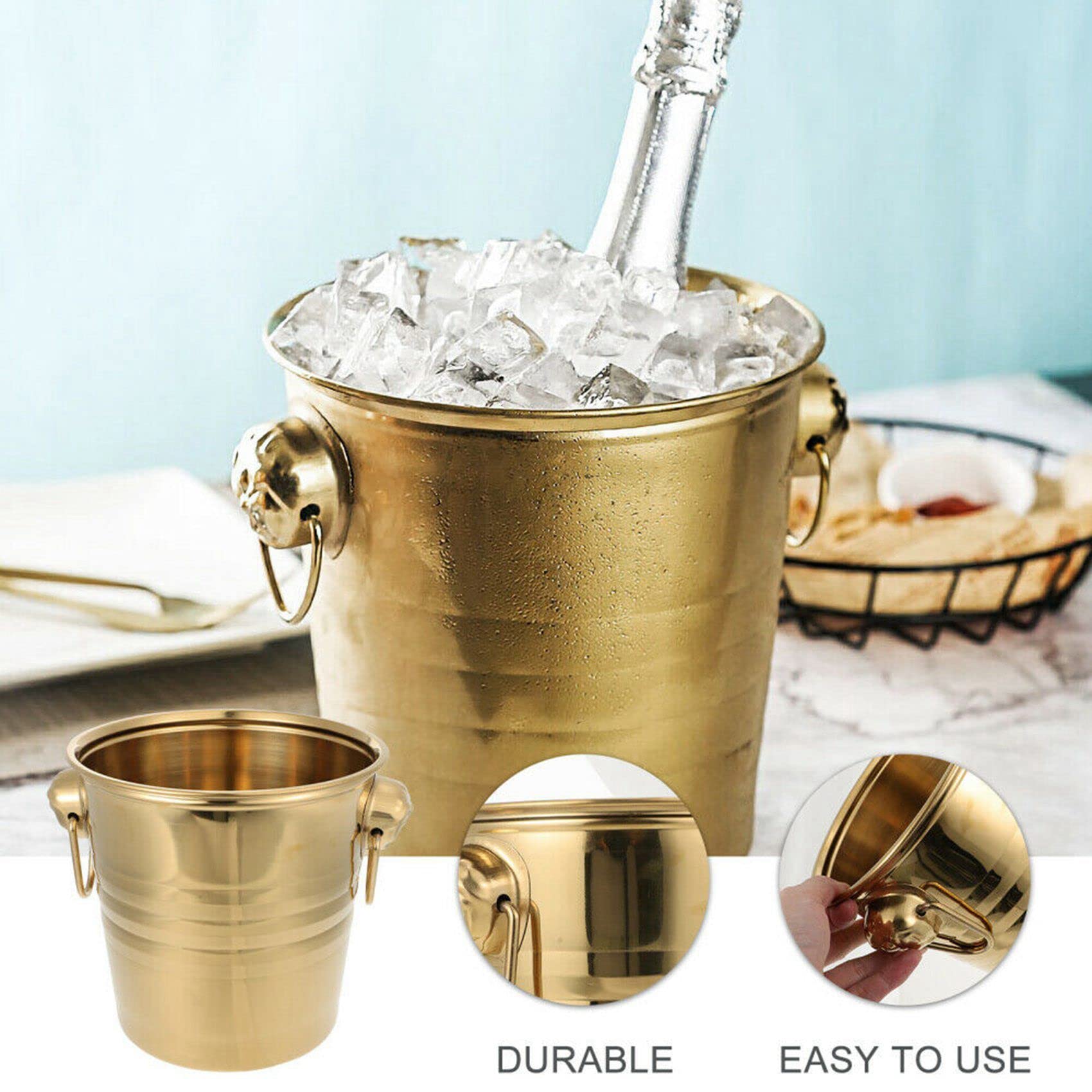 4 Pieza 3L Cubo de Hielo de Acero Inoxidable con Cabeza de Grueso Cubo de Hielo para Fiesta (Dorado)