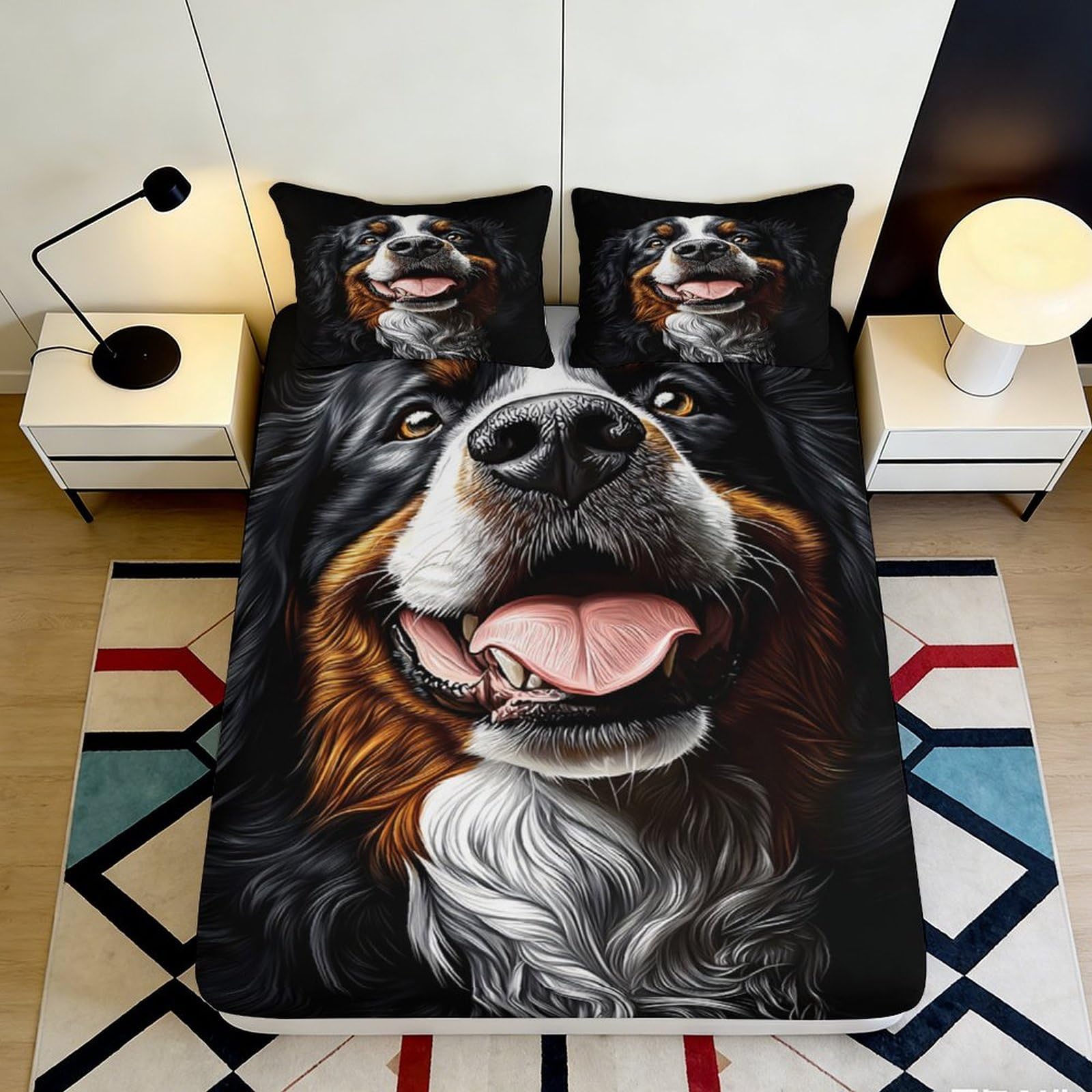3D Printed Bernese Mountain Dog Fitted Sheet Microfiber Soft Breathable Cartoon Dog Mattress Cover for Bedroom Dorm Bed Protection Decor 180x200x25cm