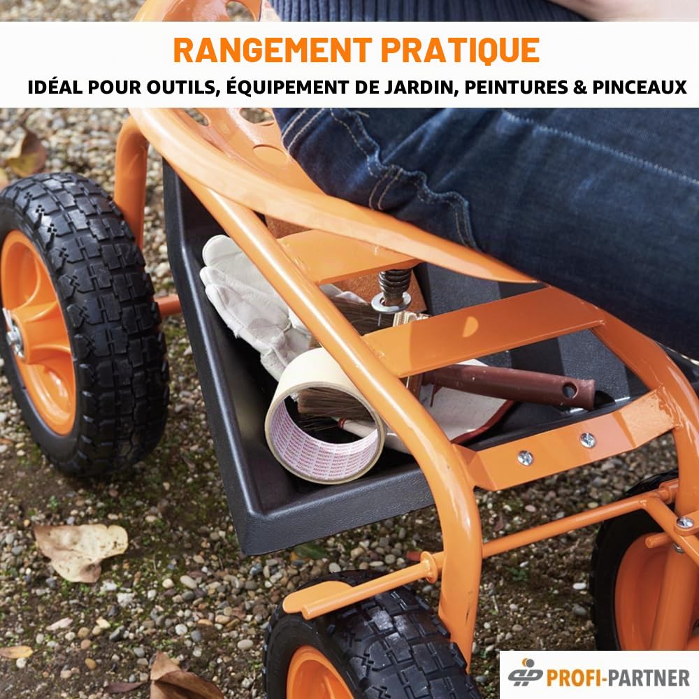 Siège de travail à roulettes pour jardinage - Siège de jardin - Chariot d'atelier avec roulettes - Charge maximale : 150 kg - Frein de stationnement - Pivotant à 360°