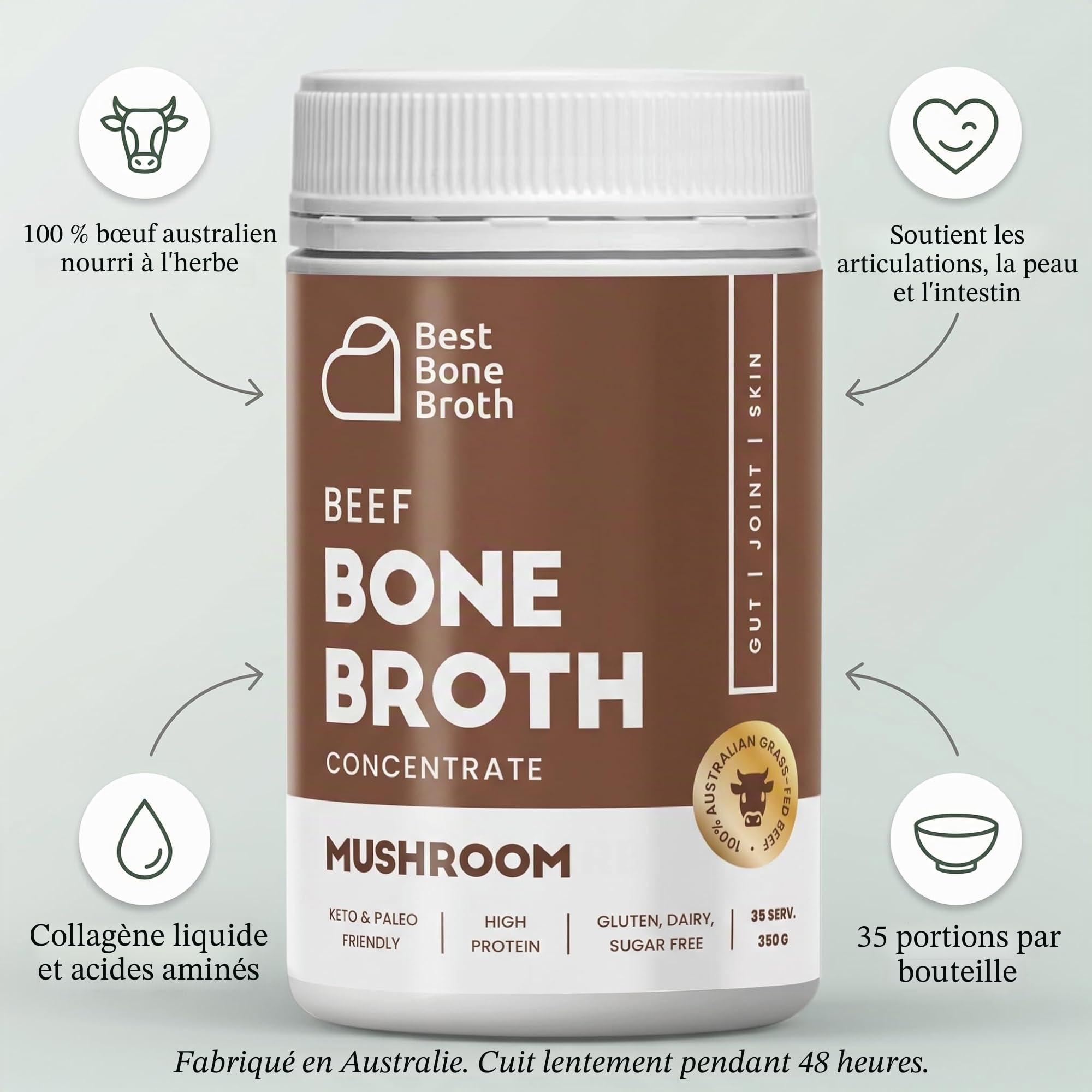 Concentré de bouillon d'os de bœuf nourri à l'herbe avec champignons | Keto, riche en protéines, sans gluten | 35 portions / 8,7 litres