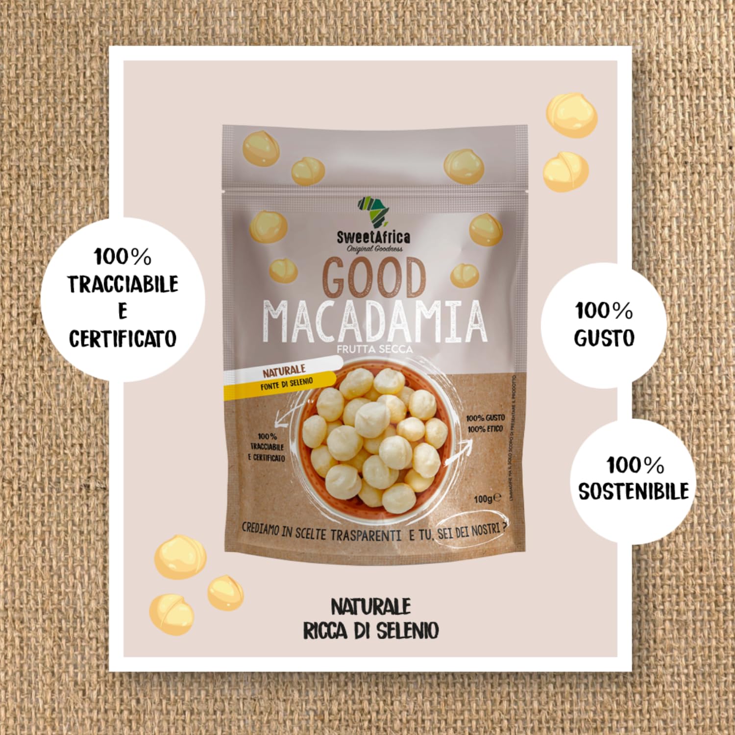 SweetAfrica - Good Macadamia Naturale - Snack di frutta secca - 100g x 6pz