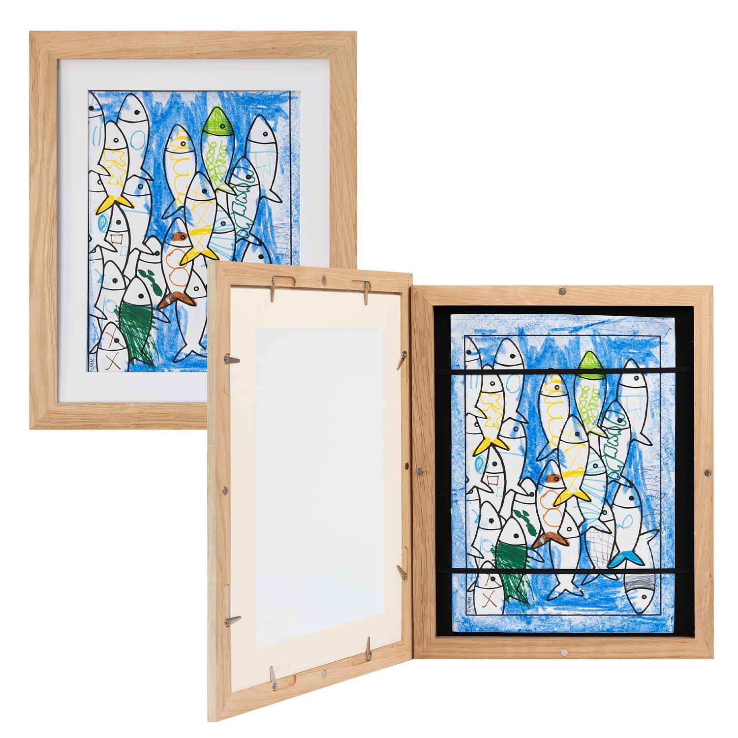 Lot de 2 cadres photo A4 pour enfants - Design naturel, support intégré, clips, fermetures magnétiques et bandes élastiques pour ranger les dessins - Chêne naturel