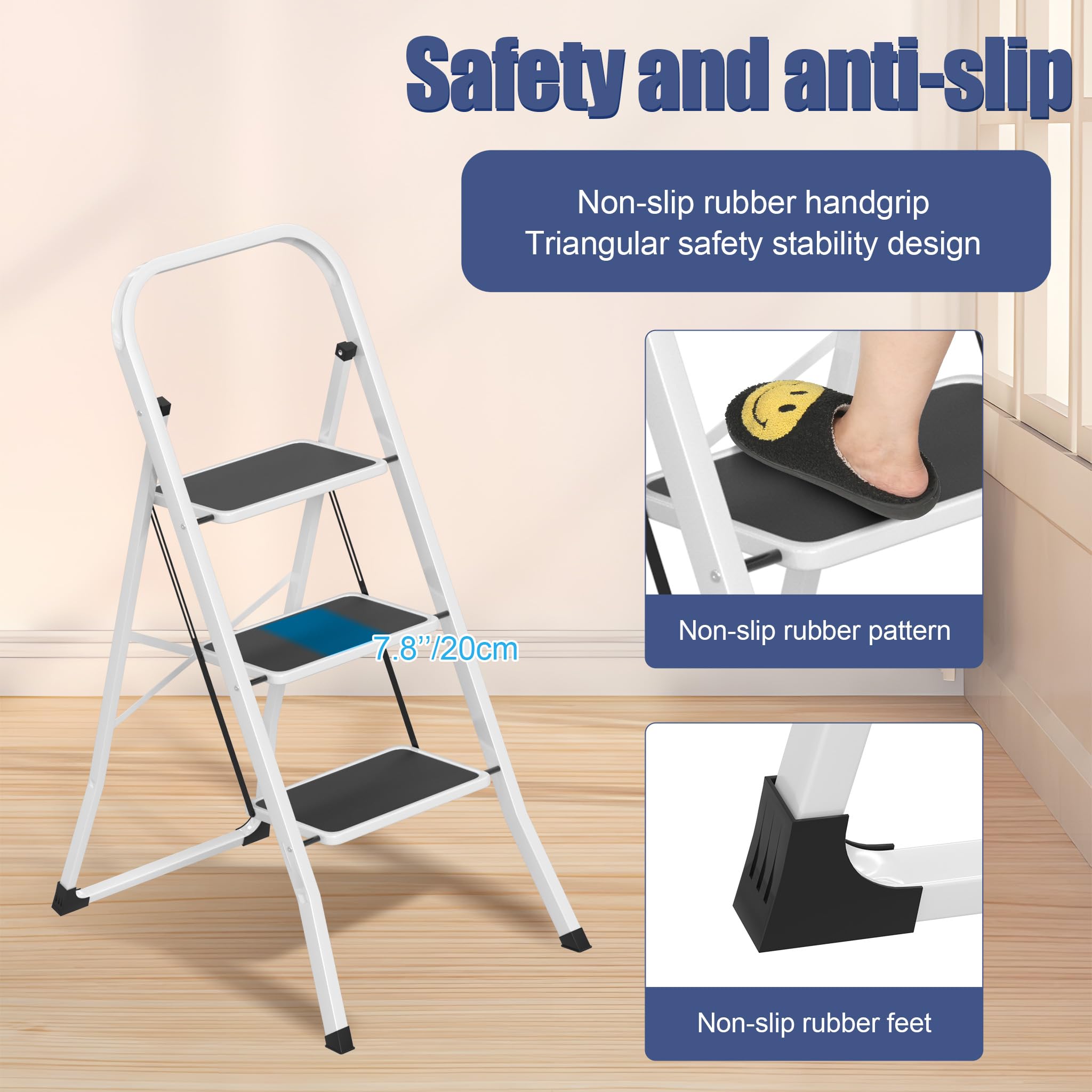 LARS360 Scala pieghevole a 3 livelli, in acciaio con gradini antiscivolo, portata 150 kg, pieghevole, per casa, cucina, ufficio, salvaspazio, solo 5 cm (nero + bianco)