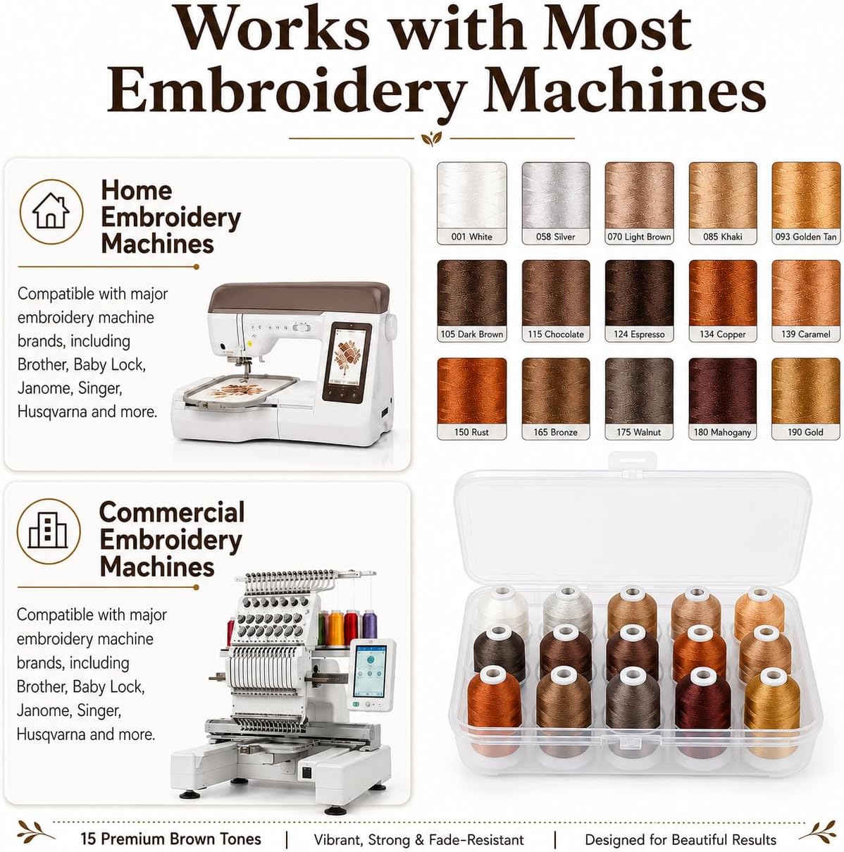 Simthread Machine Embroidery Thread with Storage Box 1000M (1100Y) Polyester 20 Options 15 Spools Set for Embroidery Sewing Machine (Brown)