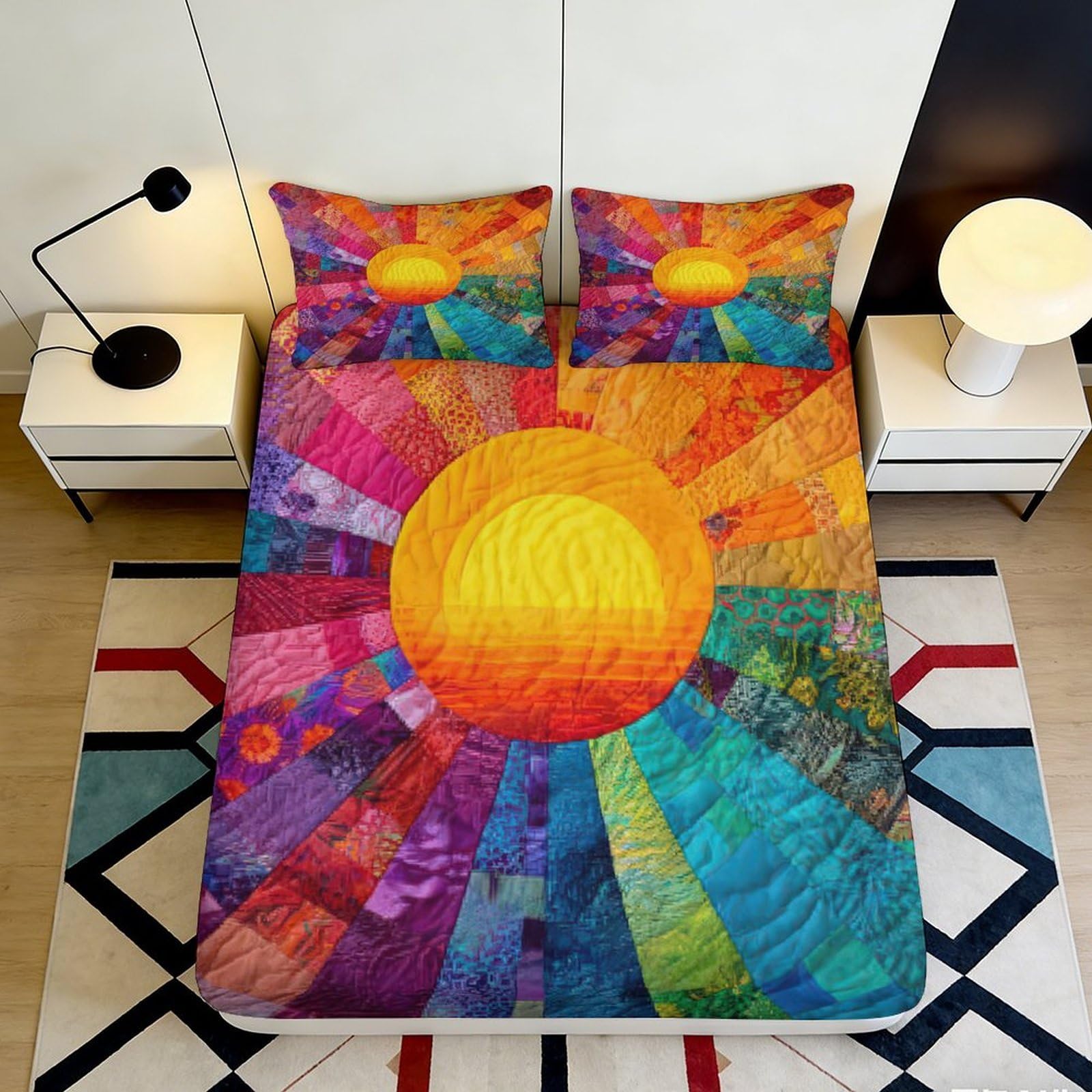 3D Printed Colorful Sunburst Fitted Sheet Microfiber Bedroom Decor Rainbow Sunrise Mattress Cover for Home Guest Room 90x200x25cm