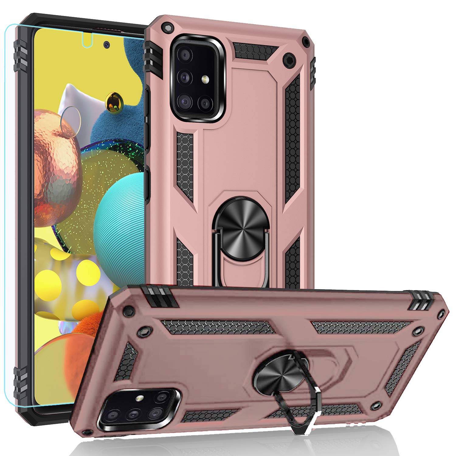 Samsung A51 5G Case,A51 5G Case,PUSHIMEI Military Grade Heavy Duty Protection Phone Case Cover with HD Screen Protector Magnetic Ring Kickstand for Samsung Galaxy A51 5G (Rose Golden Military Case)