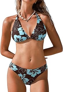 Women's Bikini Sets Two Piece Swimsuit V Neck Halter Back Self Tie Low Rise Bottom