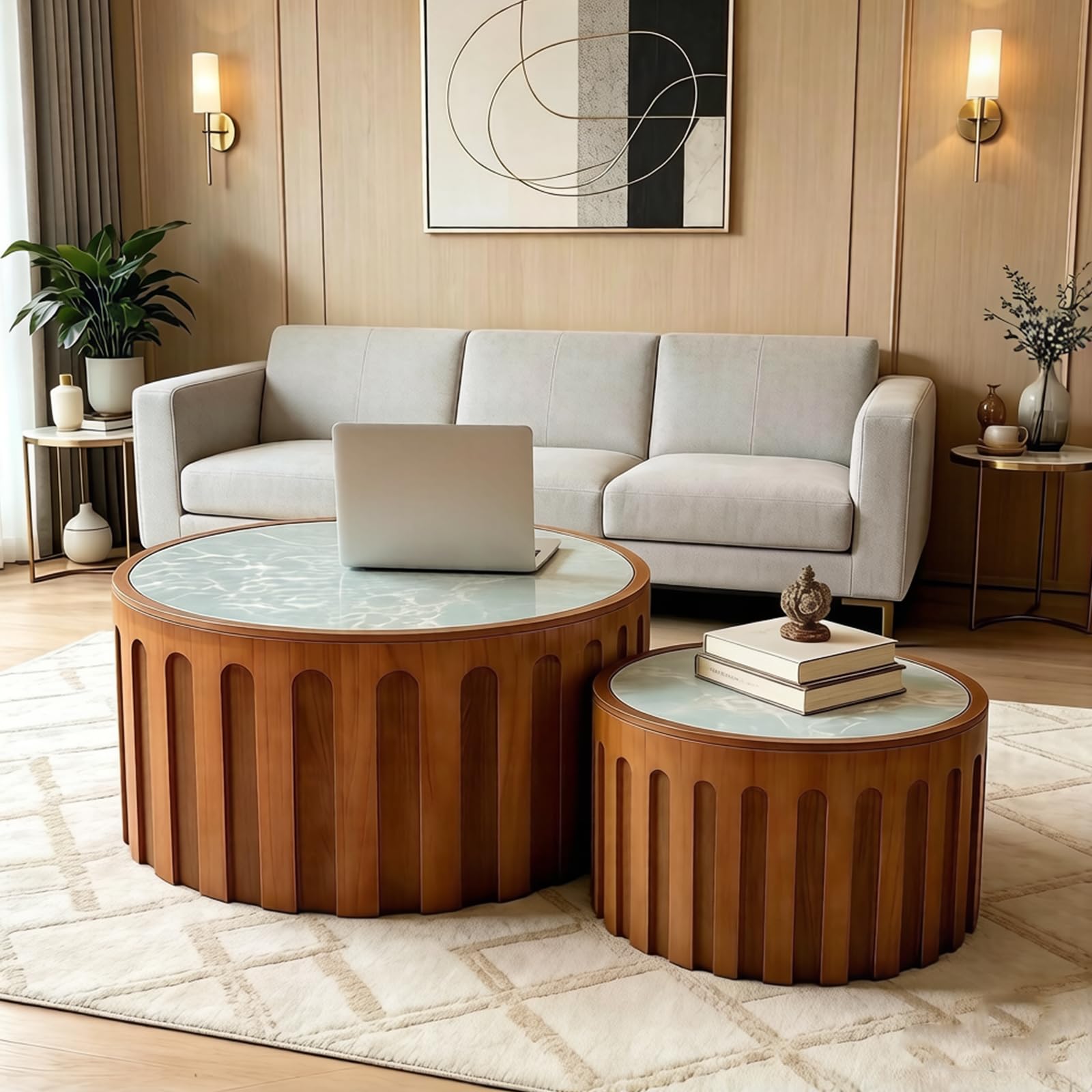 RYDZCLH Fluted Nesting Round Coffee Table Set of 2,Wood Center Table